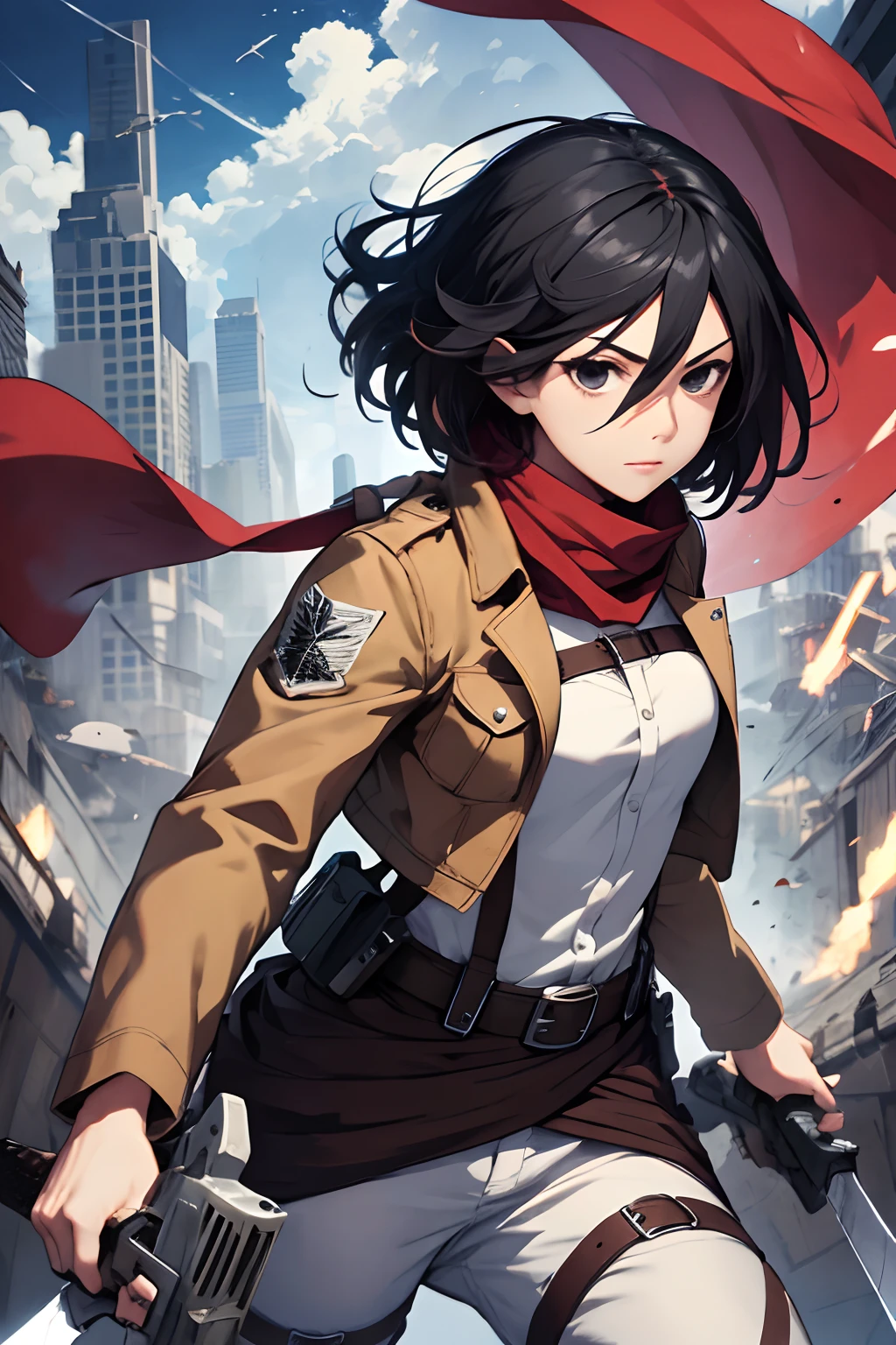 masterpiece, best quality, highres, hmmikasa, short hair, black eyes, scarf, emblem, belt, thigh strap, red scarf, white pants, brown jacket, long sleeves, holding weapon, sword, dual wielding, three-dimensional maneuver gear, fighting stance, sky, highest quality, high resolution.