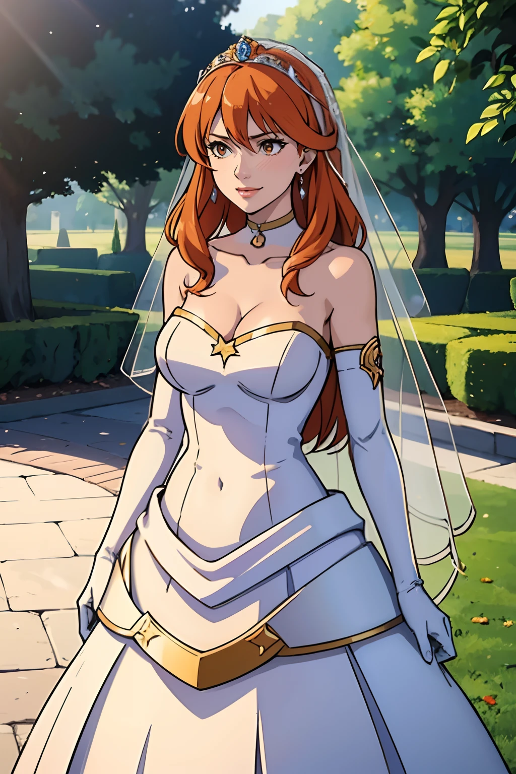 celica fe,  hair between eyes, ahoge, orange hair, star \(symbol\), hair ornament, dress, cleavage, bare shoulders, collarbone, long white elbow gloves, white gloves, white dress, white choker, strapless, tiara, veil, strapless dress, wedding dress, bridal veil, beautiful woman, perfect body, perfect breasts, wearing a wedding dress, ball gown, in the park trees, wedding decorations, a warm smile, realism, masterpiece, textured skin, super detail, high detail, high quality, best quality, 1080p, 16k