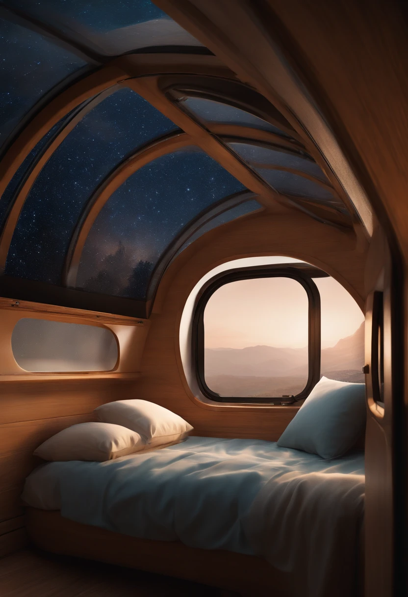 The minibus's interior is a cozy haven, with a plush bed adorned with fluffy pillows and a warm blanket. The large windows and transparent ceiling offer a breathtaking view of the starry night sky, while a beautiful woman Sleep on the bed, adding to the overall charm of the scene,wince, longeyelashes, chiaroscuro, ray tracing, reflection light, backlighting, bloom, 8k, super detail, ccurate, best quality, super detail, anatomically correct, super detail, super detail, high quality, anatomically correct, super detail, high details, high quality, highres, woman sleeping
