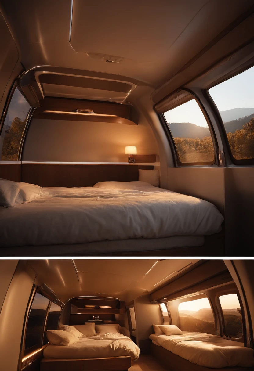 The minibus's interior is a cozy haven, with a plush bed adorned with fluffy pillows and a warm blanket. The large windows and transparent ceiling offer a breathtaking view of the starry night sky, while a beautiful woman Sleep on the bed, adding to the overall charm of the scene,wince, longeyelashes, chiaroscuro, ray tracing, reflection light, backlighting, bloom, 8k, super detail, ccurate, best quality, super detail, anatomically correct, super detail, super detail, high quality, anatomically correct, super detail, high details, high quality, highres, woman sleeping