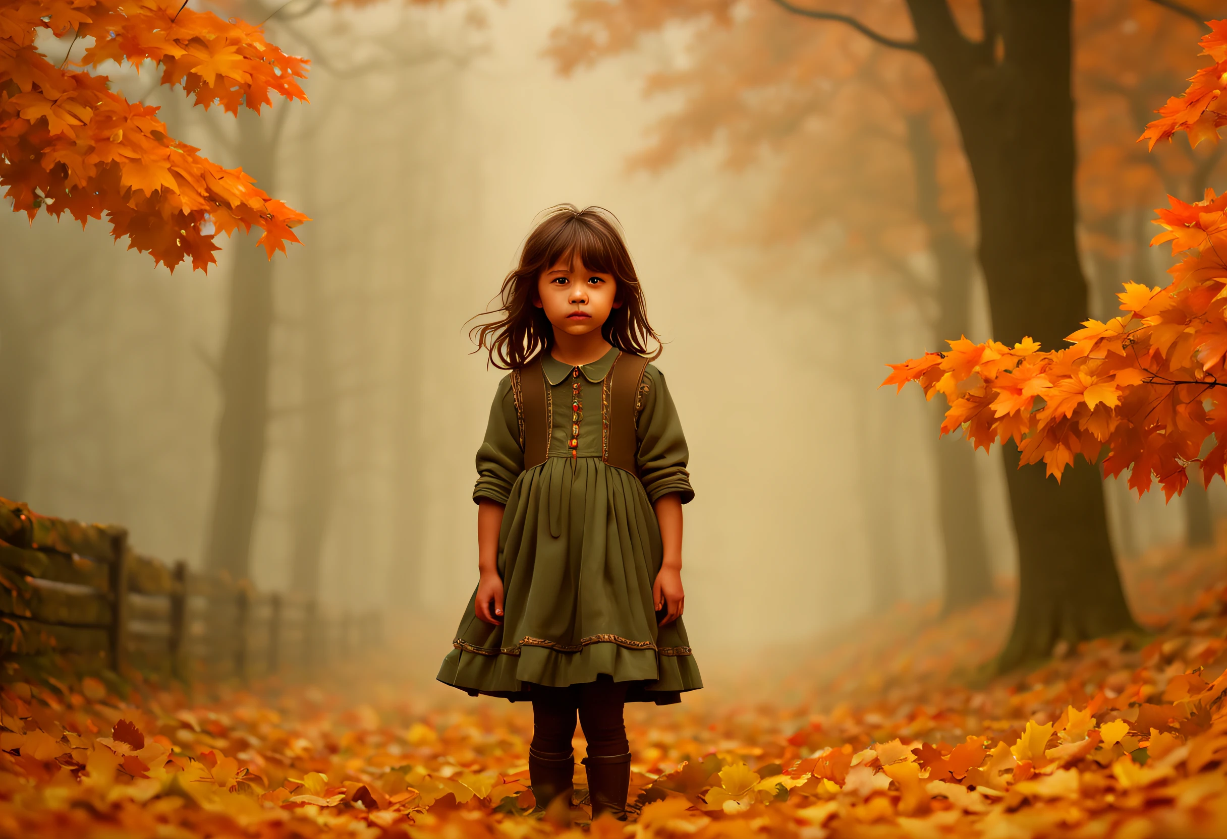 (mejor calidad, 4k, 8k, high resolusion, obra maestra: 1.2), ultra detallada (realista, fotorrealista, fotorrealista: 1.37), A photorealistic depiction of a beautiful  girl looking straight ahead shrouded in autumn forest fog. Walk on a bed of fallen leaves. Lleva una capa roja. He has a flashlight on in his hand so he can see through the fog. (hay mucha niebla: 1.42) The trees in the background are tall and have orange leaves. The background is murky and the colors muted. It's a very atmospheric and calm image.