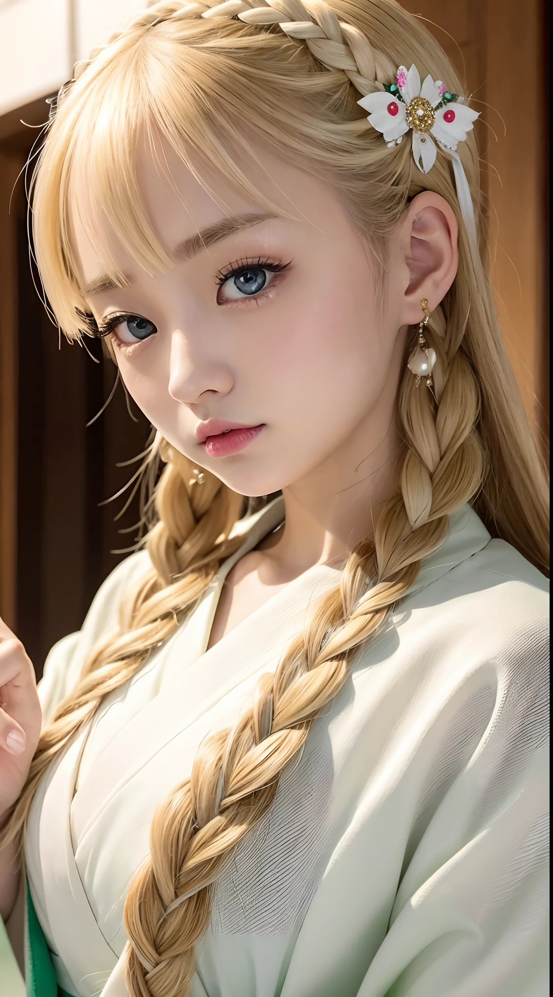 Japan girl is very cute。Big green eyes、White kimono、Wearing flashy national costumes、Blonde braid、Wearing a lot of fancy ornaments、Royal Girl、