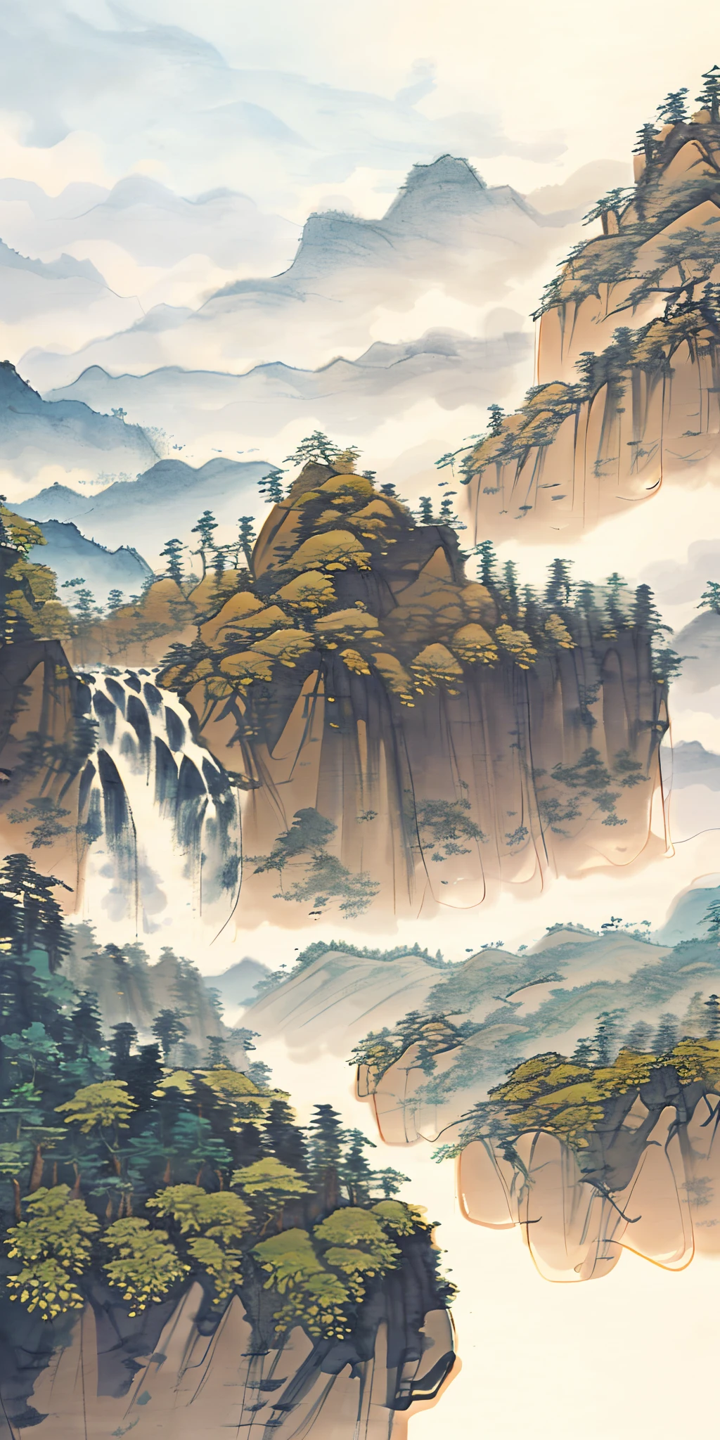 masterpiece, best quality, high quality, extremely detailed CG unity 8k wallpaper, scenery, outdoors, sky, cloud, day, no humans, mountain, landscape, water, tree, blue sky, waterfall, cliff, nature, lake, river, cloudy sky,award winning photography, Bokeh, Depth of Field, HDR, bloom, Chromatic Aberration ,Photorealistic,extremely detailed, trending on artstation, trending on CGsociety, Intricate, High Detail, dramatic, art by midjourney