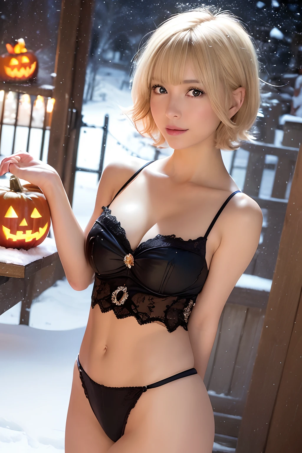 (Oil Painting, masutepiece, Best Quality, ultra-detailliert, Focus on character), short blonde hair, ([Back:0.8]|[ facing back:1.1]), Serious face,open open mouth,Halloween,pumpkins, ([Cold Scenario:1.2]|[ snowy background:1.3]| [High contrast:1.1])