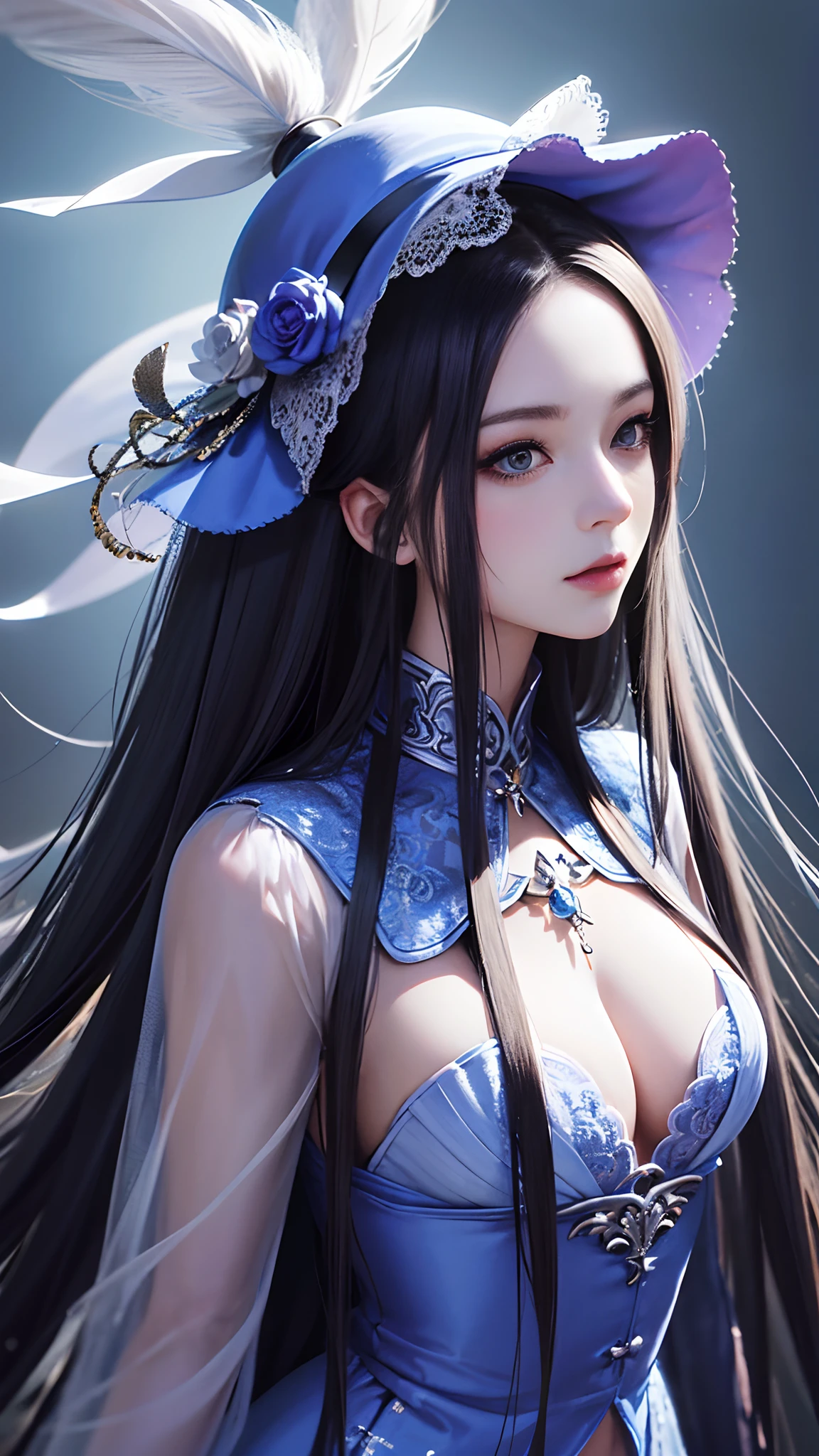Drawing a woman with long hair and a feather hat, detailed portrait of anime girl, portrait anime girl, Artgerm. High detail, stunning anime face portrait, digital anime art, art germ. Anime illustration, detailed digital anime art, anime girl portrait, Guvez style artwork, blue clothing, realistic digital art 4k, realistic digital art 4k, realistic, aesthetic.