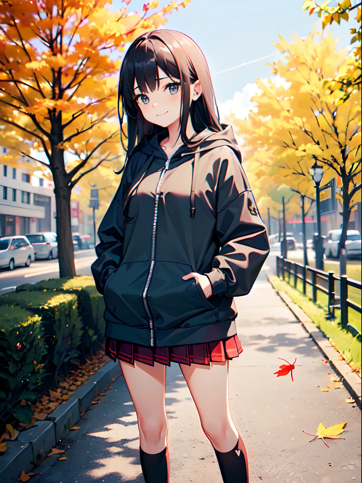 ((1 beautiful young girl)),Solo、1 persons、 ((-yeld juschool girl:1.5))、(flat chest)、(Dark-haired girl in grey oversized full-zip hoodie:1.3),(Do not wear hoodie hood:1.3)、Wearing a shirt inside a hoodie、(red plaid pleated skirt), (high socks), (lowfers),(Long straight hair)、Autumn Park、Colored leaves、leaves falling、stroll、A slight smil、(Do not put your hands in your pockets:1.3)