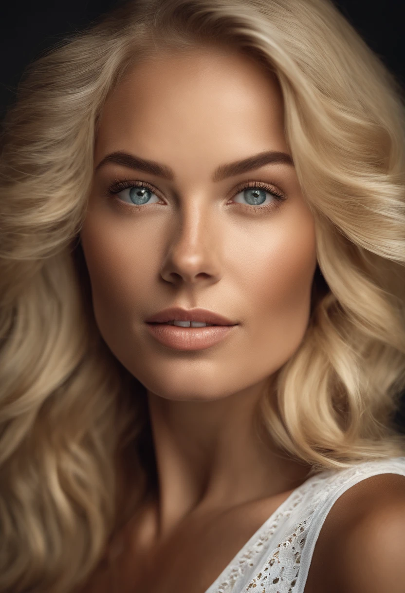 Create a photo of a blonde woman in portrait. She has freckles and a slightly tanned complexion.