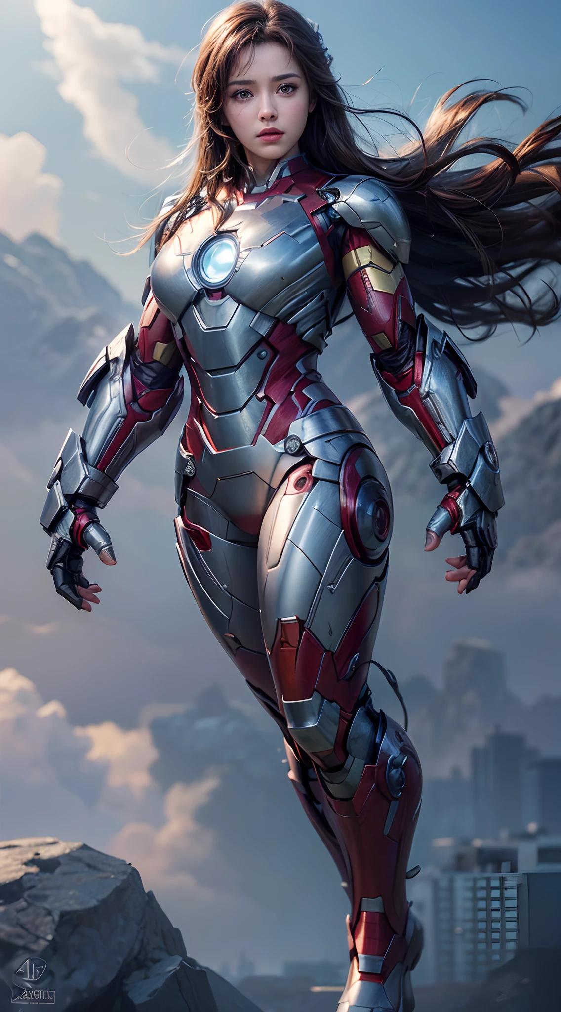 (Best quality,4K,8K,A high resolution,Masterpiece:1.2),Ultra-detailed,(Realistic,Photorealistic,photo-realistic:1.37)fly in sky,Girl Iron Man,Anti-Hulk armor,