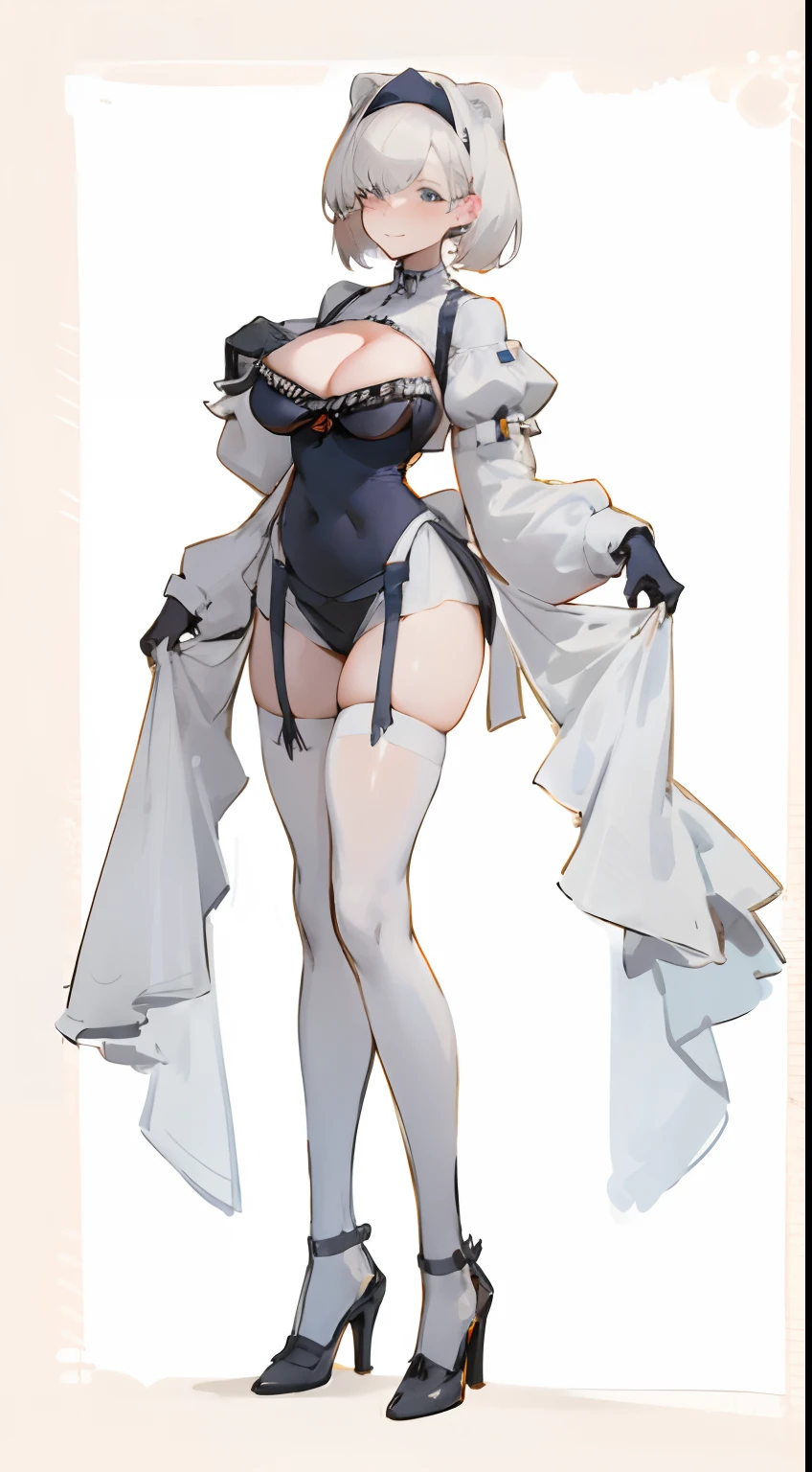 Bigboobs,cropped shoulders,White knee-length stockings,Maids wear,maidennurse,Stand up,standing straight,high-heels