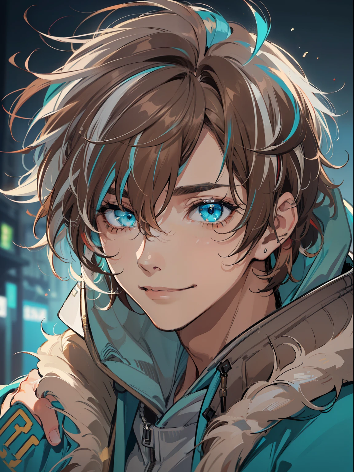 ((highest quality, masterpiece, 4k, finely detailed, detailed eyes, detailed face, gelbooru, pixiv)), warm lighting, ((solo)), 1 male, handsome, masculine, adult male, broad shoulders, closeup of face, portrait, smiling, ((lazy eyes, half-lidded, wearing modern clothing, hoodie with a logo, sweatpants, standing, , ((brown hair with white streaks, medium length hair, shaggy hairstyle, messy hair)),(cyan eyes)