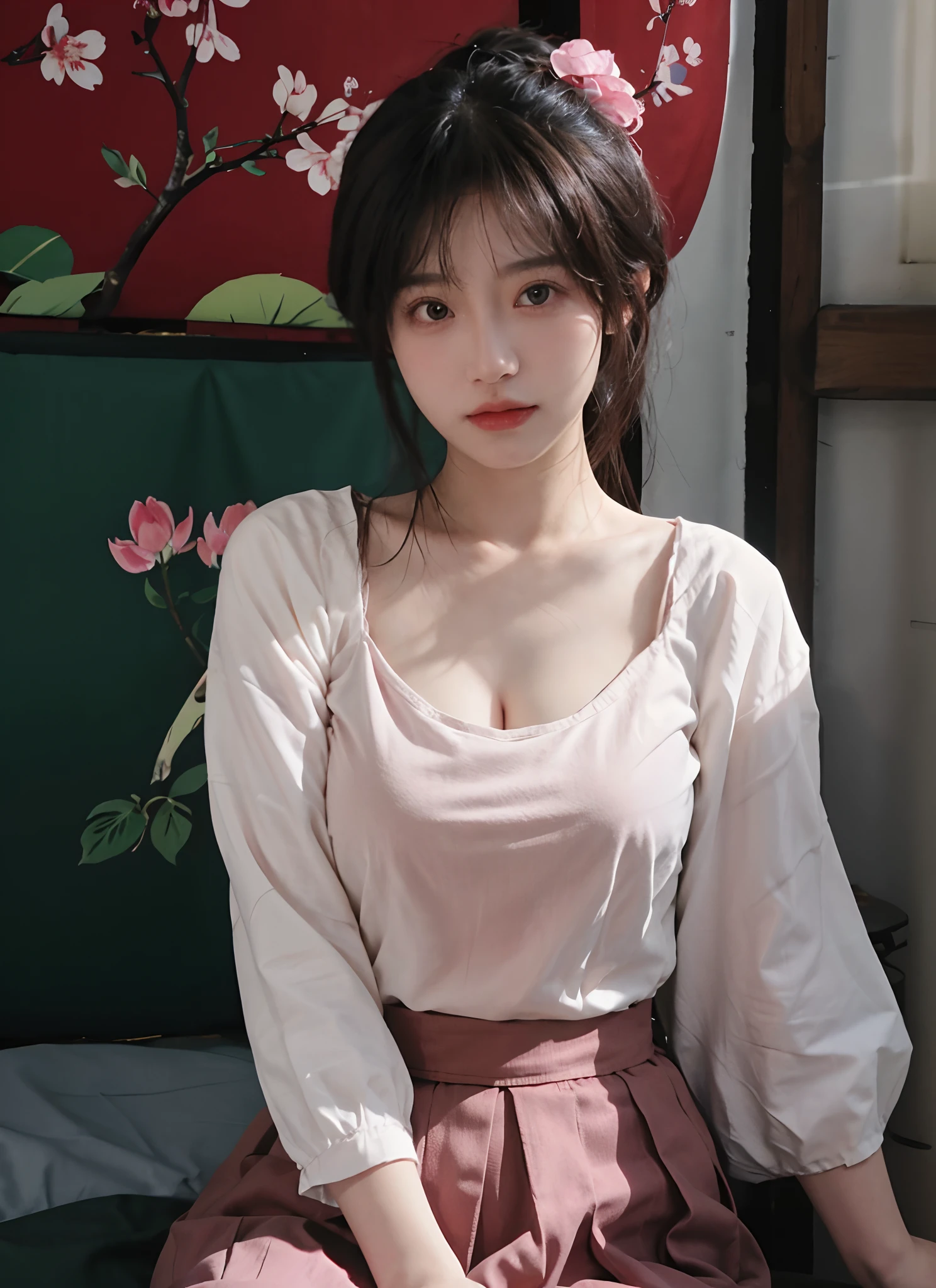 best qualtiy, 超高分辨率, (realisticlying:1.4), one-girl, A pair of clear and moving peach blossom eyes,Royal Sister,Red tight skirt, (big cleavage breasts:1.2), looking at viewert, closeup cleavage ,