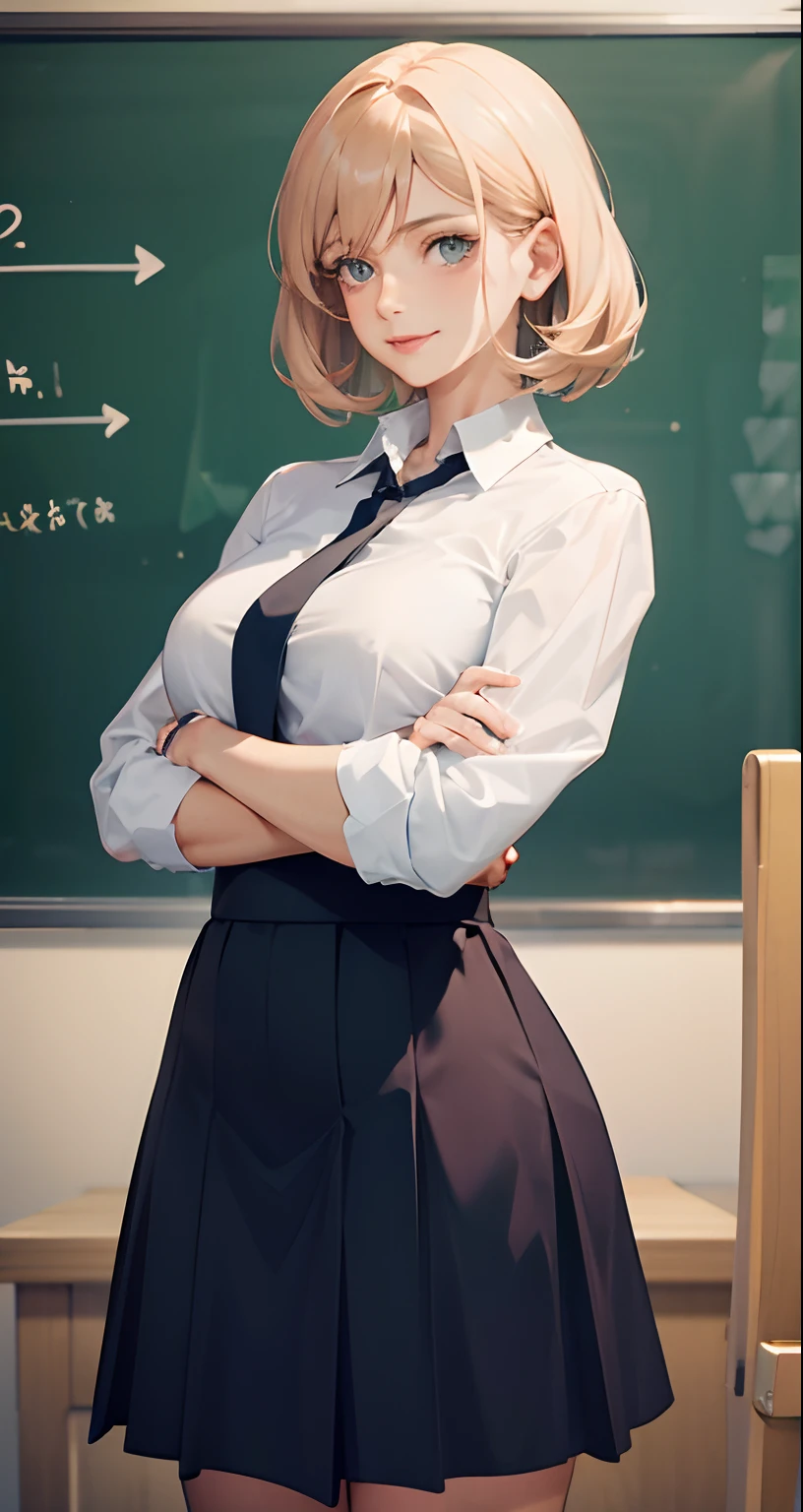 One woman,hi-school girl,a blond,short-haired,Classroom,In front of the blackboard,sexypose、(all nude:1.3)