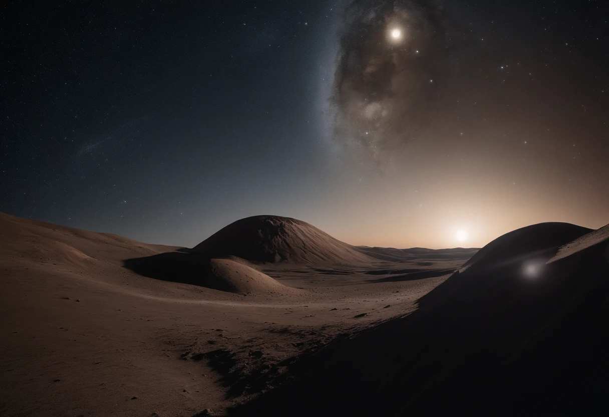Master Parts、Superior Quality、superior image quality、The 8k quality、Beautiful pictures of the starry sky、magnifica、Arched Milky Way:1.25、Alafed view of Earth from the lunar surface:1.25, Lunar surface, space photo, on the moon, moon background, moon background, on the moon, Lunar soil, space photo, moonscape, Focus on the Moon, On Moon, Numerous craters, Seeing the Earth from the surface of the moon:1.9, big earth in the sky:1.9, Crashed and weathered spaceship、Nebulae can be seen in the distance、Andromeda