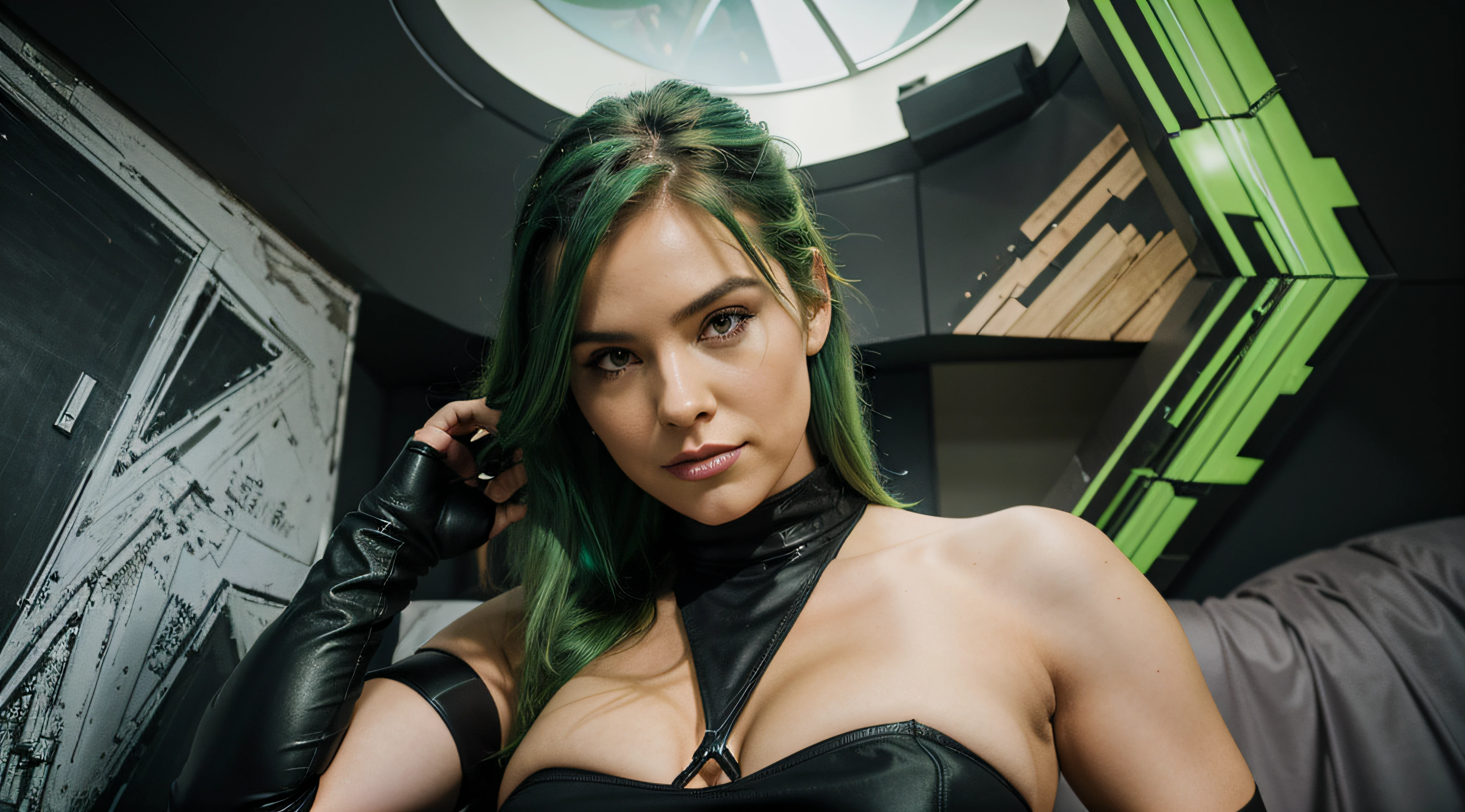 A close-up of a woman with green hair and black top, wie in Top Cow Comics illustriert, J. Scott Campbell, J Scott Campbell, Joe Nagel, Phil Jimenez, Sie - Hulk, Sie Hulk, Dinah Drake, Psylocke, in a mixed style of æon flux, Profilaufnahme, ( Art Fitzpatrick ), Sternenfeuer, Efeu