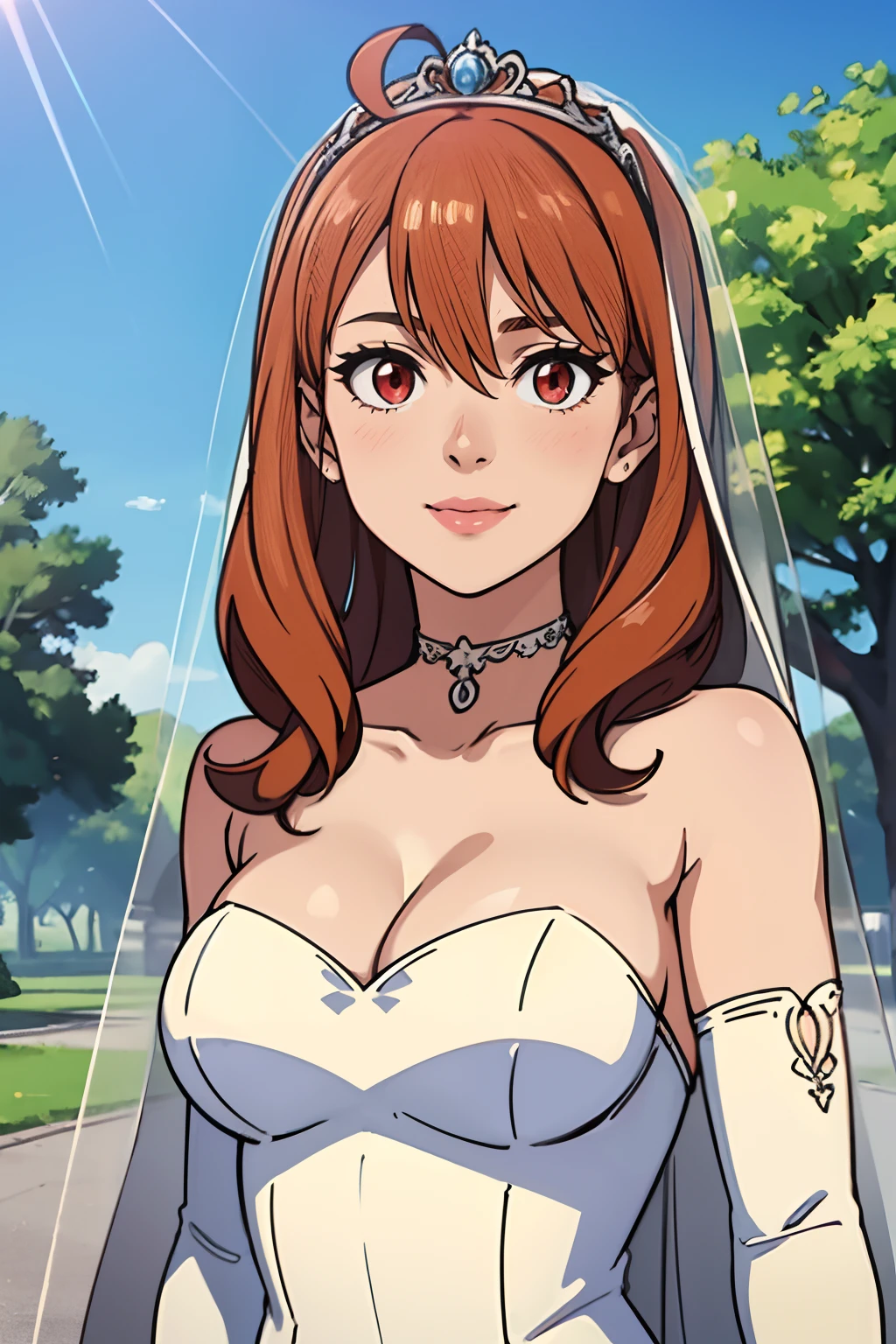 celica fe, red eyes, hair between eyes, ahoge, dark orange hair, star \(symbol\), hair ornament, dress, cleavage, bare shoulders, collarbone, long white elbow gloves, white gloves, white dress, white choker, strapless, tiara, veil, strapless dress, wedding dress, bridal veil, beautiful woman, perfect body, perfect breasts, wearing a wedding dress, ball gown, in the park trees, wedding decorations, a warm smile, realism, masterpiece, textured skin, super detail, high detail, high quality, best quality, 1080p, 16k