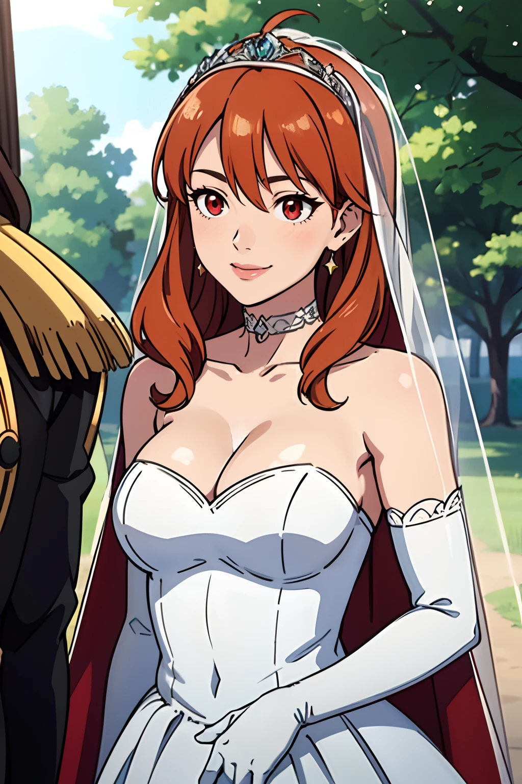 celica fe, red eyes, hair between eyes, ahoge, dark orange hair, star \(symbol\), hair ornament, dress, cleavage, bare shoulders, collarbone, long white elbow gloves, white gloves, white dress, white choker, strapless, tiara, veil, strapless dress, wedding dress, bridal veil, beautiful woman, perfect body, perfect breasts, wearing a wedding dress, ball gown, in the park trees, wedding decorations, a warm smile, realism, masterpiece, textured skin, super detail, high detail, high quality, best quality, 1080p, 16k