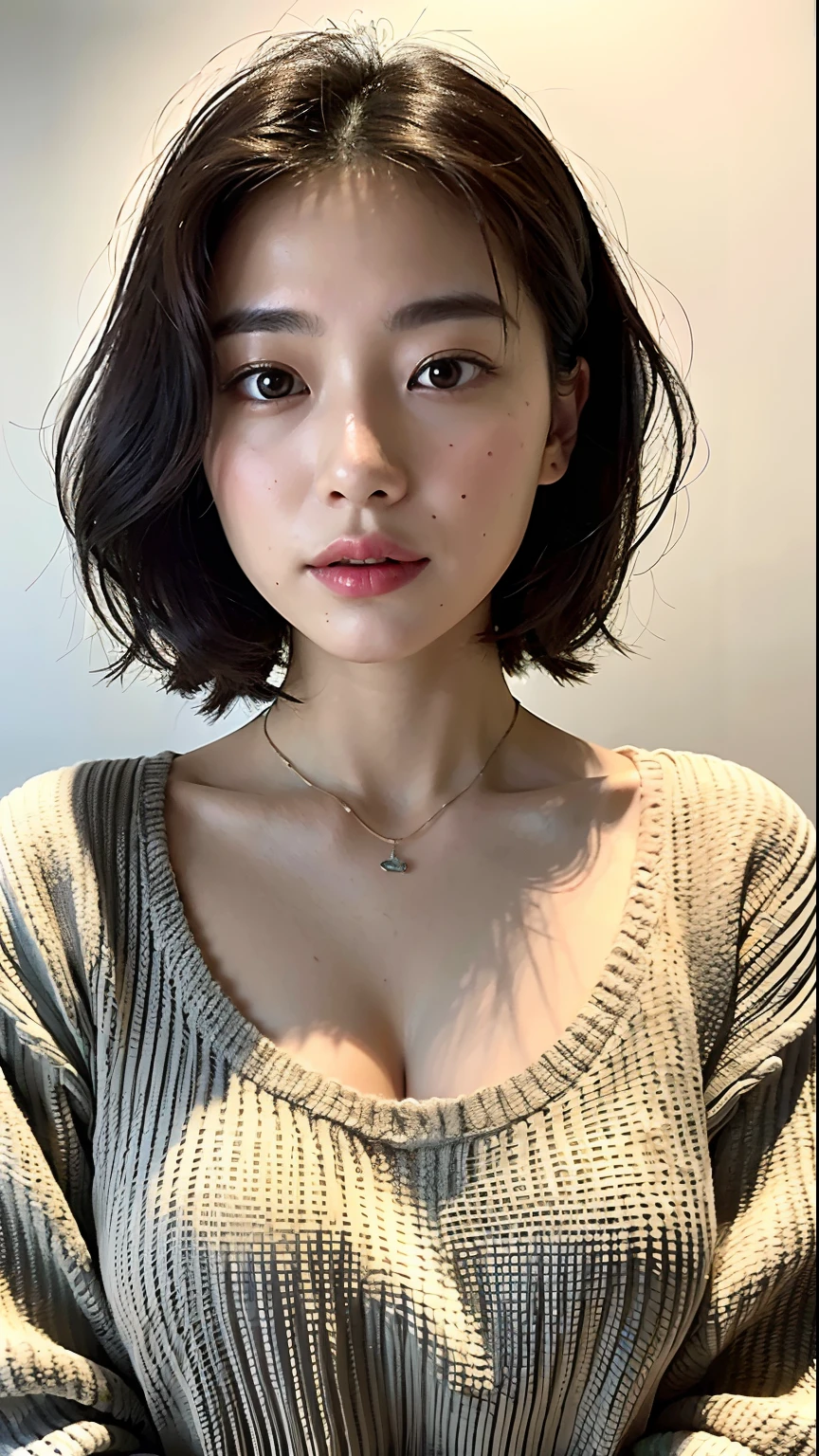 (top-quality、8k、32k、masterpiece、UHD:1.2)、Photo of a cute Japanese woman、large full breasts、very short bobbed hair、The upper part of the body、sface focus、oversized_sweater、a necklace、simple background、From above、looking at the viewers、huge tit