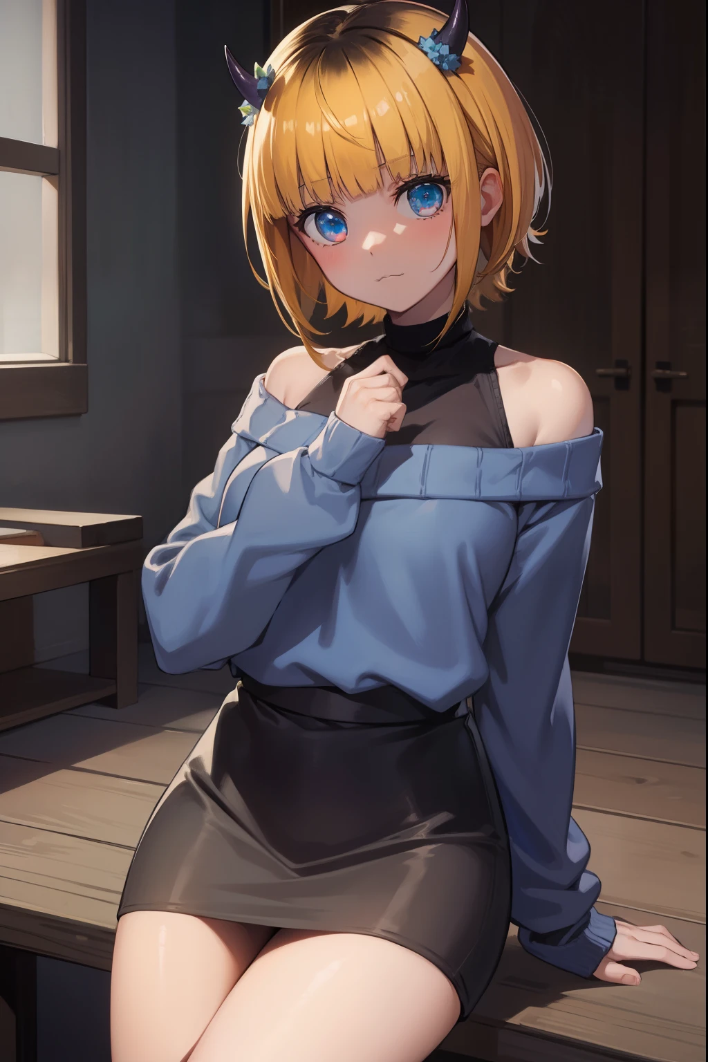 memcho, memcho, blonde hair, blue eyes, blunt bangs, demon horns, fake horns, horns, short hair,
BREAK bare shoulders, black skirt, (blue sweater:1.5), long sleeves, off shoulder, off-shoulder sweater, puffy sleeves, skirt, sweater, white ribbon,
BREAK looking at viewer,
BREAK indoors,
BREAK (masterpiece:1.2), best quality, high resolution, unity 8k wallpaper, (illustration:0.8), (beautiful detailed eyes:1.6), extremely detailed face, perfect lighting, extremely detailed CG, (perfect hands, perfect anatomy),