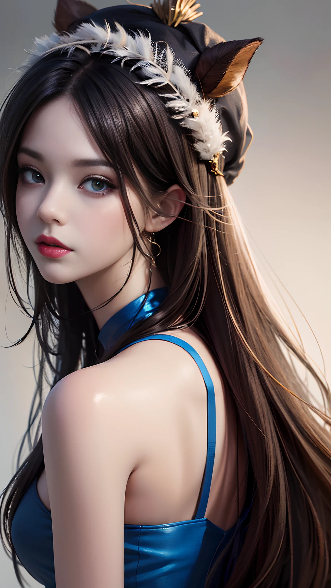 Drawing a woman with long hair and a feather hat, detailed portrait of anime girl, portrait anime girl, Artgerm. High detail, stunning anime face portrait, small breasts, digital anime art, art germ. Anime illustration, detailed digital anime art, anime girl portrait, Guvez style artwork, blue clothing, realistic digital art 4k, realistic digital art 4k, realistic, aesthetic. sitting,