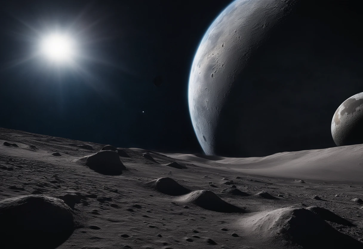 Master Parts、Superior Quality、superior image quality、The 8k quality、Beautiful pictures of the starry sky、magnifica、Arched Milky Way:1.25、Alafed view of Earth from the lunar surface:1.25, Lunar surface, space photo, on the moon, moon background, moon background, on the moon, Lunar soil, space photo, moonscape, Focus on the Moon, On Moon, Numerous craters, Seeing the Earth from the surface of the moon:1.9, big earth in the sky:1.9, Crashed and weathered spaceship、Nebulae can be seen in the distance、Andromeda、The Earth Looks Big