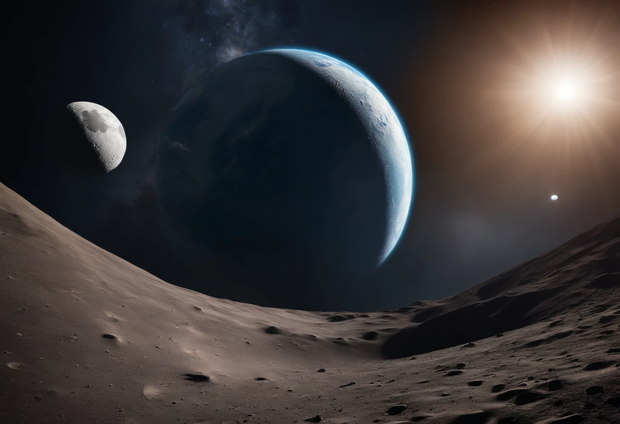 Master Parts、Superior Quality、superior image quality、The 8k quality、Beautiful pictures of the starry sky、magnifica、Arched Milky Way:1.25、Alafed view of Earth from the lunar surface:1.25, Lunar surface, space photo, on the moon, moon background, moon background, on the moon, Lunar soil, space photo, moonscape, Focus on the Moon, On Moon, Numerous craters, Seeing the Earth from the surface of the moon:1.9, big earth in the sky:1.9, Crashed and weathered spaceship、Nebulae can be seen in the distance、Andromeda、The Earth Looks Big
