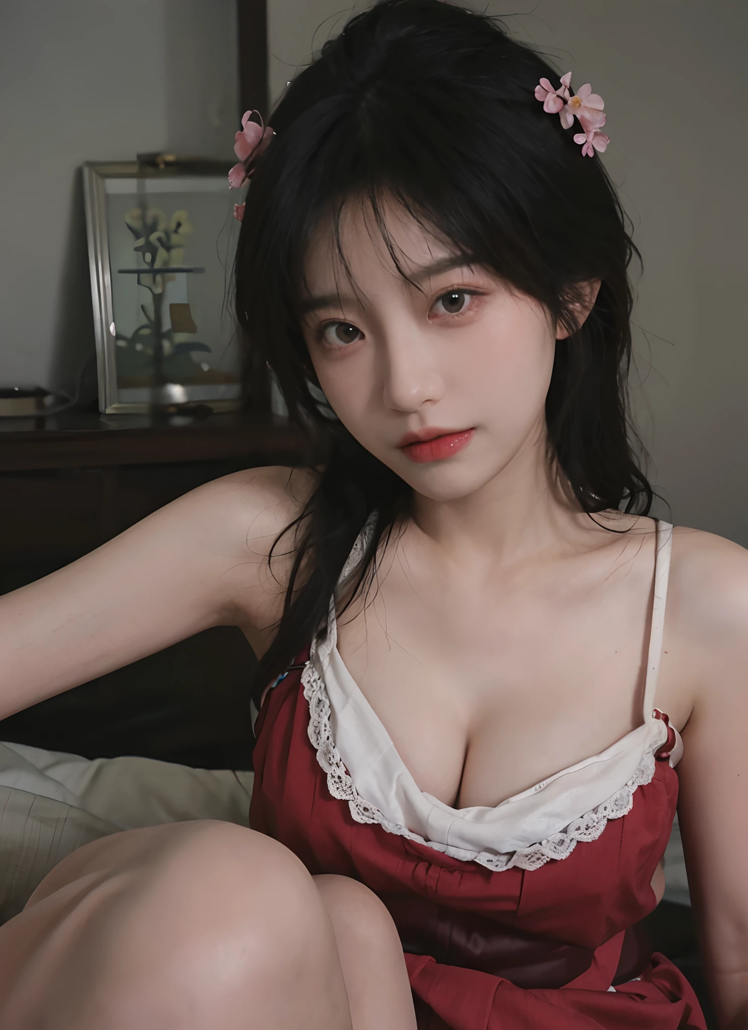 best qualtiy, 超高分辨率, (realisticlying:1.4), one-girl, A pair of clear and moving peach blossom eyes,Royal Sister,Red tight skirt, (big cleavage breasts:1.2), looking at viewert, closeup cleavage ,