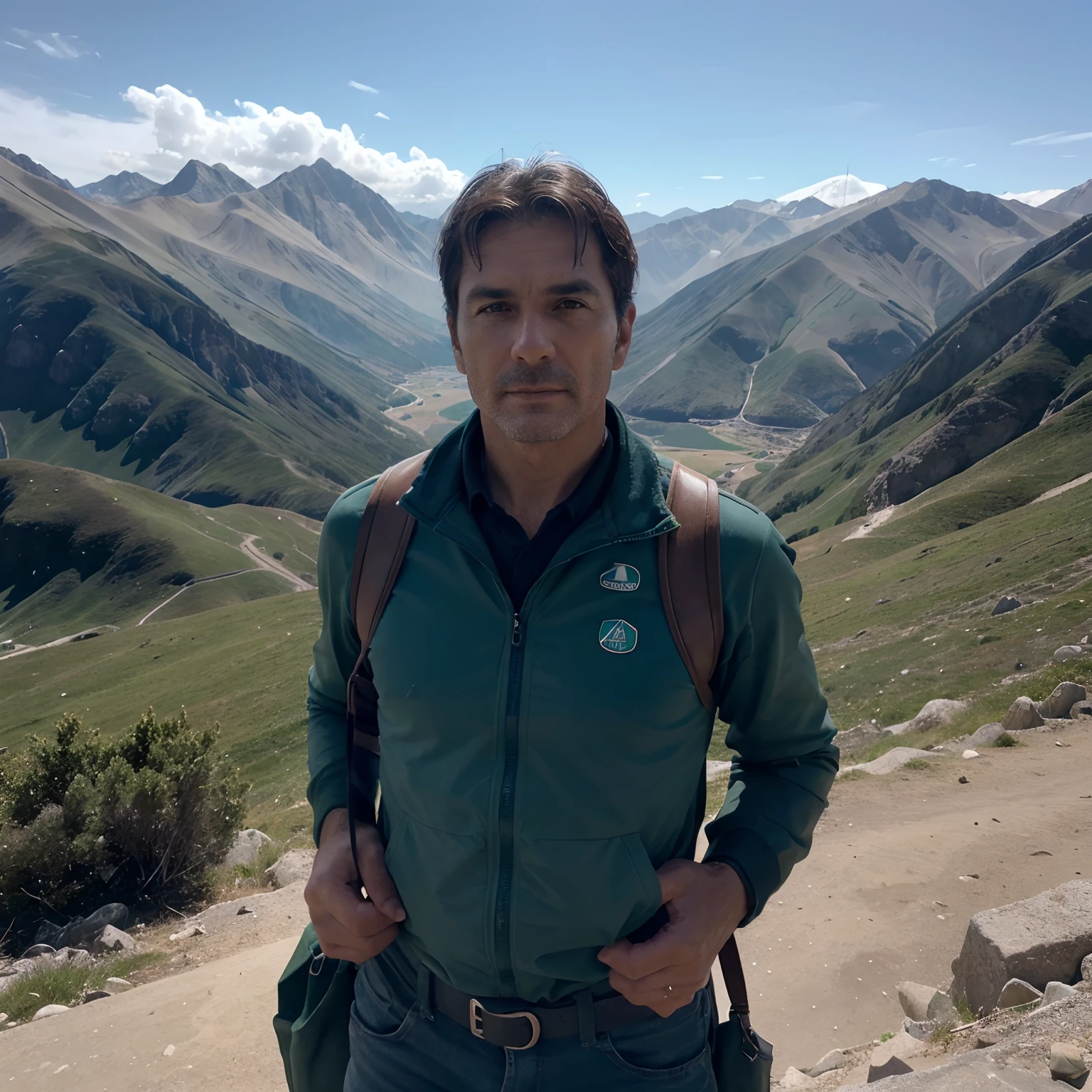 (Men between 40 and 45 years old, musculoso,Alpinismo,estoico,exitoso,realismo,tomada con el iPhone 14)