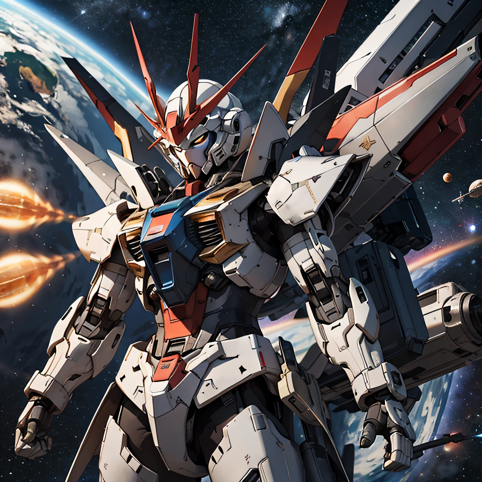 Gundam with blue and red body、Fly in outer space。Earth with stars on background、