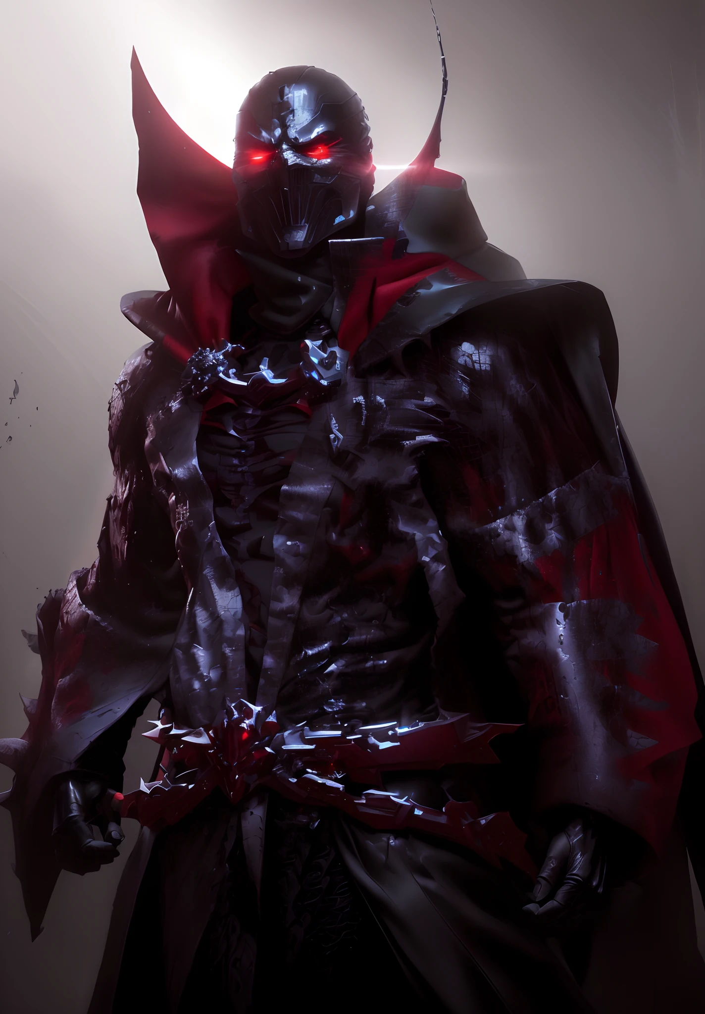 Arafed macho em um traje preto e vermelho com uma capa vermelha, Gerar, David Tennant como Spawn, Todd McFarlane, black octane render, dark supervillain, Iconic character of high detail, Simbionte, nightmare render, arte do personagem do motor irreal, Retrato do Professor Sinistro, menacingly. Unreal 5, Mórbio, menacing stare, menacing appearance