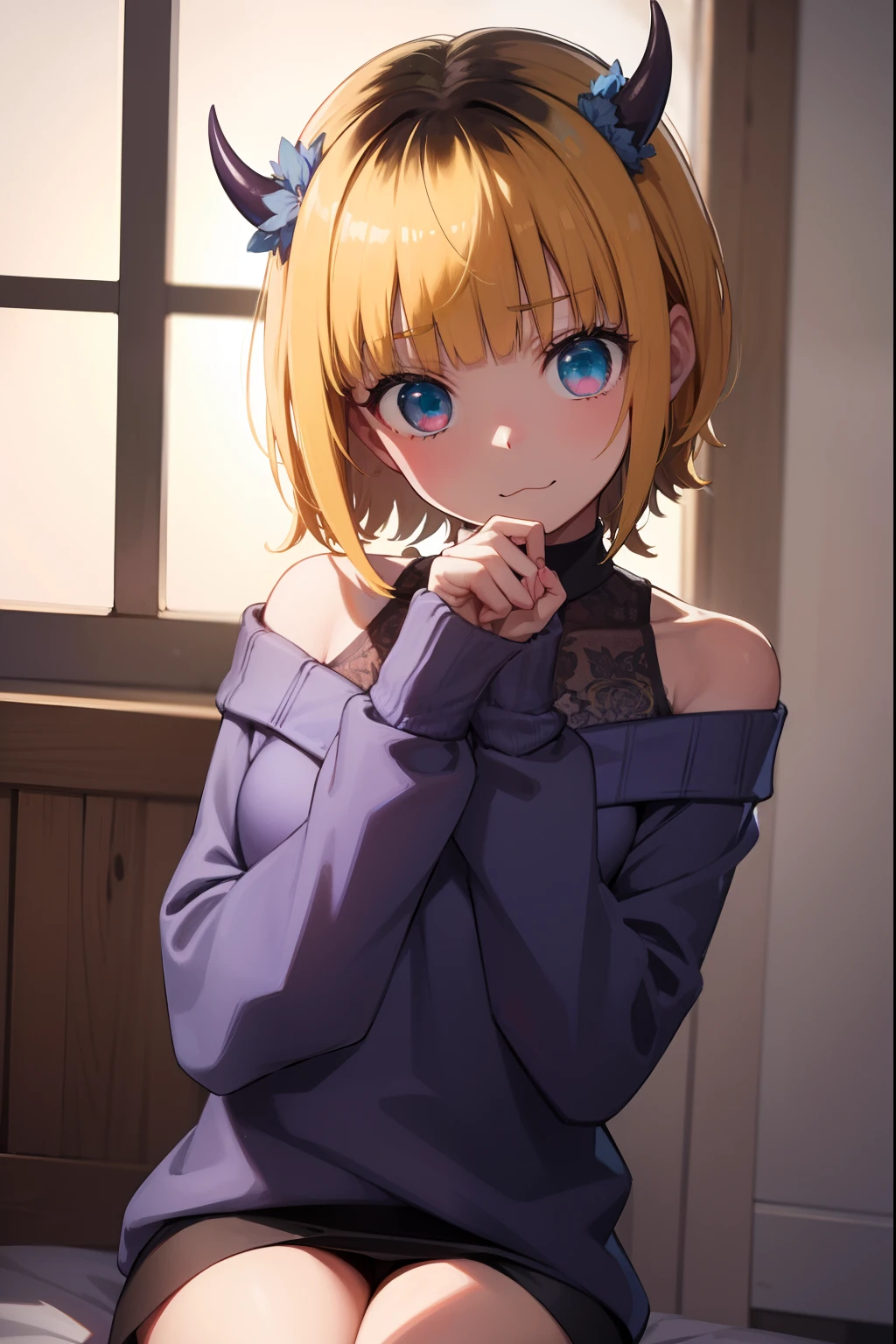 memcho, memcho, blonde hair, blue eyes, blunt bangs, demon horns, fake horns, horns, short hair,
BREAK bare shoulders, black skirt, (blue sweater:1.5), long sleeves, off shoulder, off-shoulder sweater, puffy sleeves, skirt, sweater, white ribbon,
BREAK looking at viewer,
BREAK indoors,
BREAK (masterpiece:1.2), best quality, high resolution, unity 8k wallpaper, (illustration:0.8), (beautiful detailed eyes:1.6), extremely detailed face, perfect lighting, extremely detailed CG, (perfect hands, perfect anatomy),