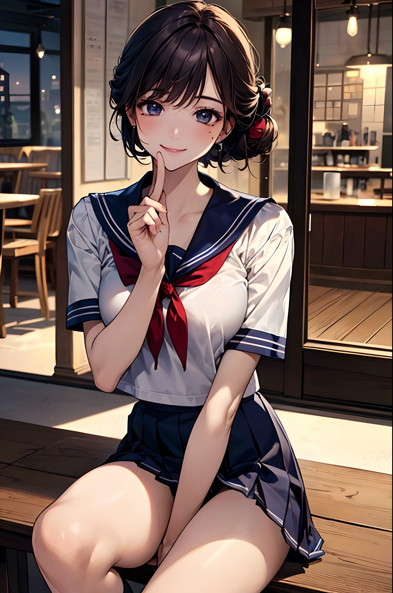 ((((, , perfect anatomy, super detailed skin)))), 1 girl, japanese, 14 years old, shiny skin, large breasts:0.5, watching the view, (smile:1.5), 
beautiful hair, beautiful face, beautiful detailed eyes, (middle hair:1.7, harf updo:1.5), 
beautiful clavicle, beautiful body, beautiful chest, beautiful thigh, beautiful legs, beautiful detailed fingers, five fingers, babyface, , breast, mole under eye, 
((navy school uniform, short sleeves, navy pleated skirt, sailor collar, extremely sexy, seductive thighs)), white panties, thong, crotch, camel toe
(beautiful scenery), evening, , (Inside the coffee shop), sitting, hands between legs, drink coffee, 
(8k, top-quality, masterpiece​:1.2, extremely detailed, , ), (photorealistic), beautiful illustration, cinematic lighting,
