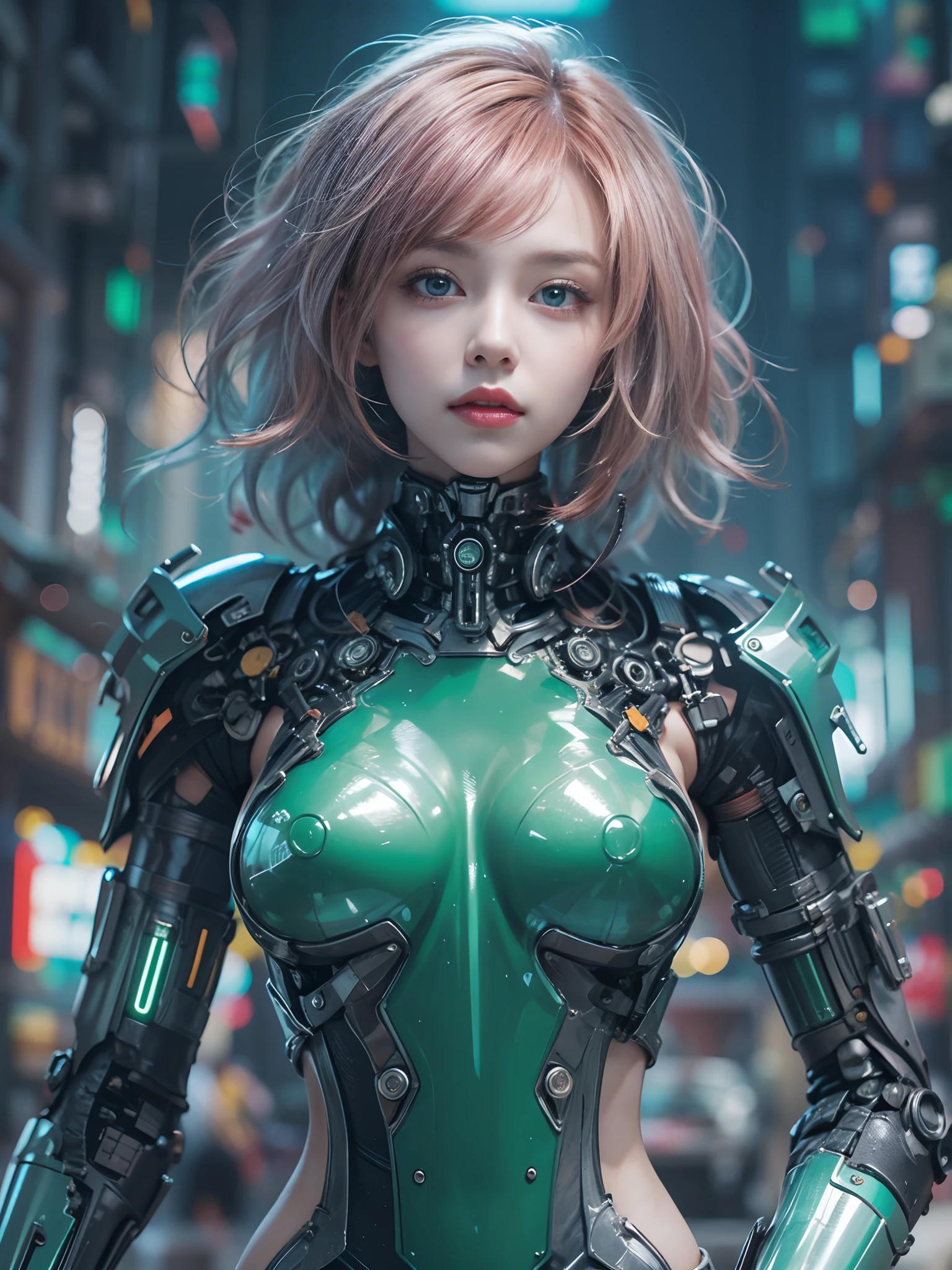 photorealistic, high resolution, soft light,1 girl , headband, sit sexy pose, (detailed face), green bang hair, bang hair, plumpy body, cleavage, narutal big breast, (suit colors based on pink), (jungle background), cybersamurai, cyborg at leg and arm, naked body, cyberpunk, sit, glowing, on the jungle, with mecha