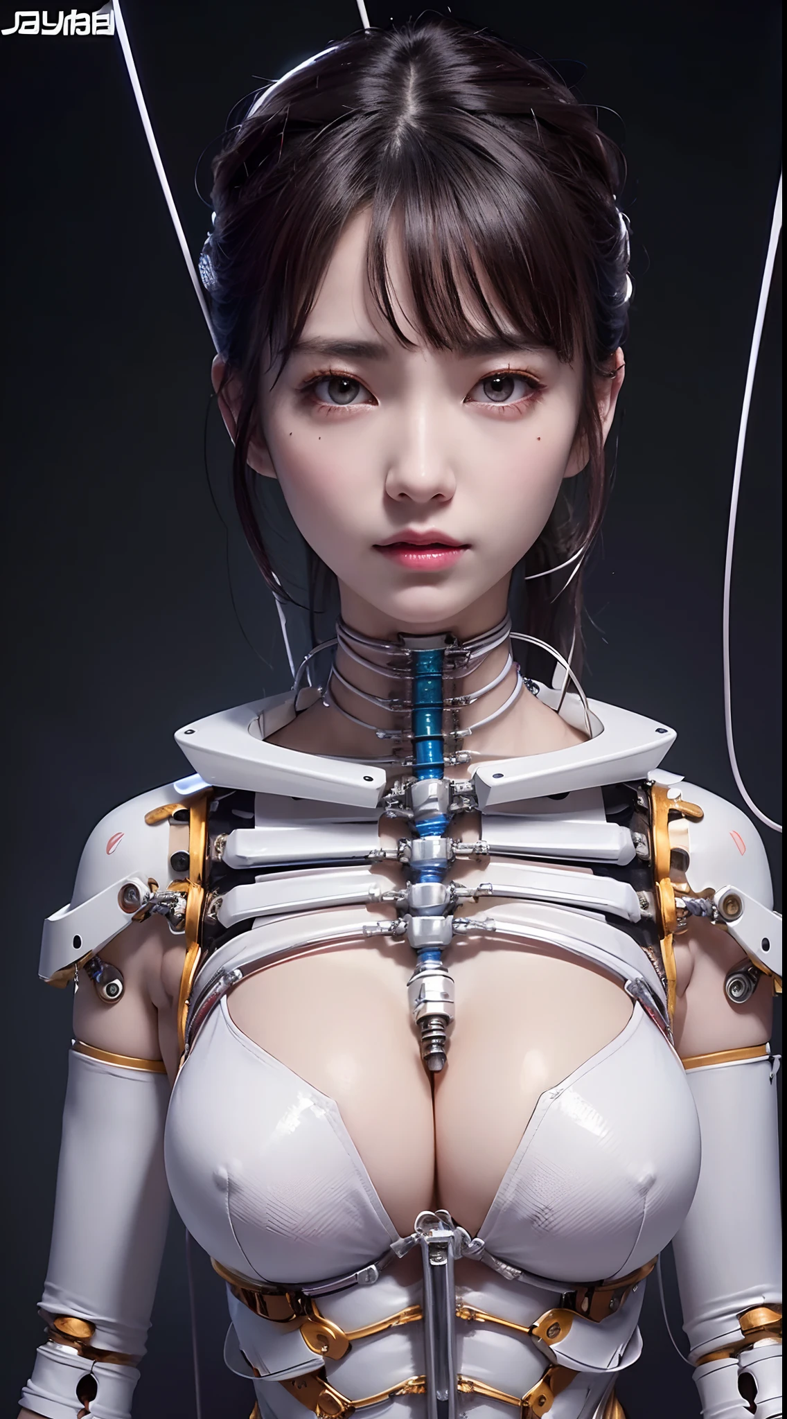 (((​masterpiece)))、((top-quality))、(The ultra-detailliert)、8K、(Very noble and beautiful))、Cinematic Light、((1 Mechanical Girl))、Looking here、White ceramic body、a purple eye、Colossal tits、The cleavage is visible、Single、(Mechanical joint:1.4)、((Mechanical limb))、(Blood vessels attached to tubes)、((Mechanical spine attached to the back))、((Mechanical cervical vertebrae attached to neck))、(Wires and cables attached to the head and body:1.5)、 neon details、scientific fiction、cowboy  shot、The background is Cyberpunk City、