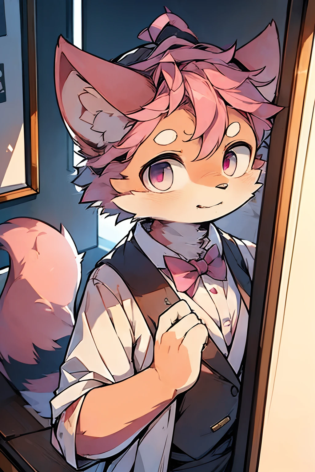 (Furry Lehui:1.3),(Short pink hair,Pink eyes+neck bowtie:1.2),professional furry drawing,anthropomorphic cat,Cute cartoon,fursona art,Taken from Beastars。。。:1.2,,Revelation from Chinese masters,style of anime。