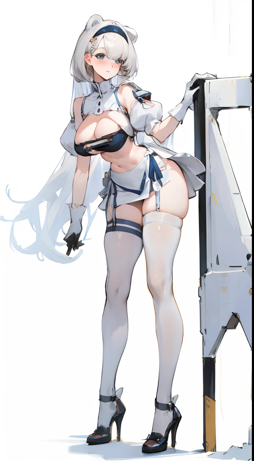 Bigboobs，cropped shoulders，White knee-length stockings，Maids wear，maidennurse，Stand up，standing straight，high-heels
