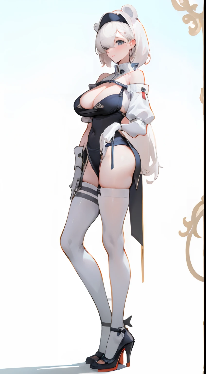 Bigboobs,cropped shoulders,White knee-length stockings,Maids wear,maidennurse,Stand up,standing straight,high-heels