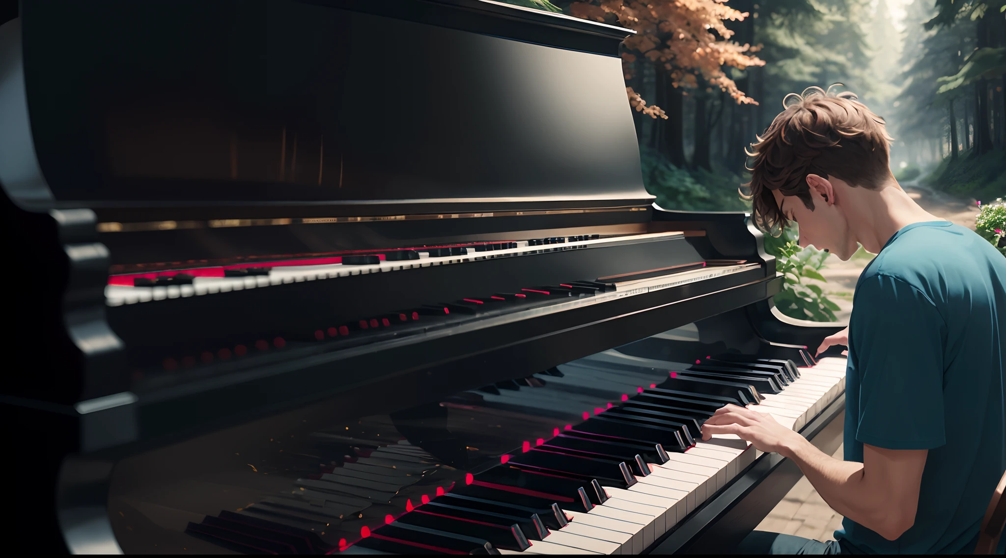 1 guy, piano, 8K, playing piano, Against the background of nature