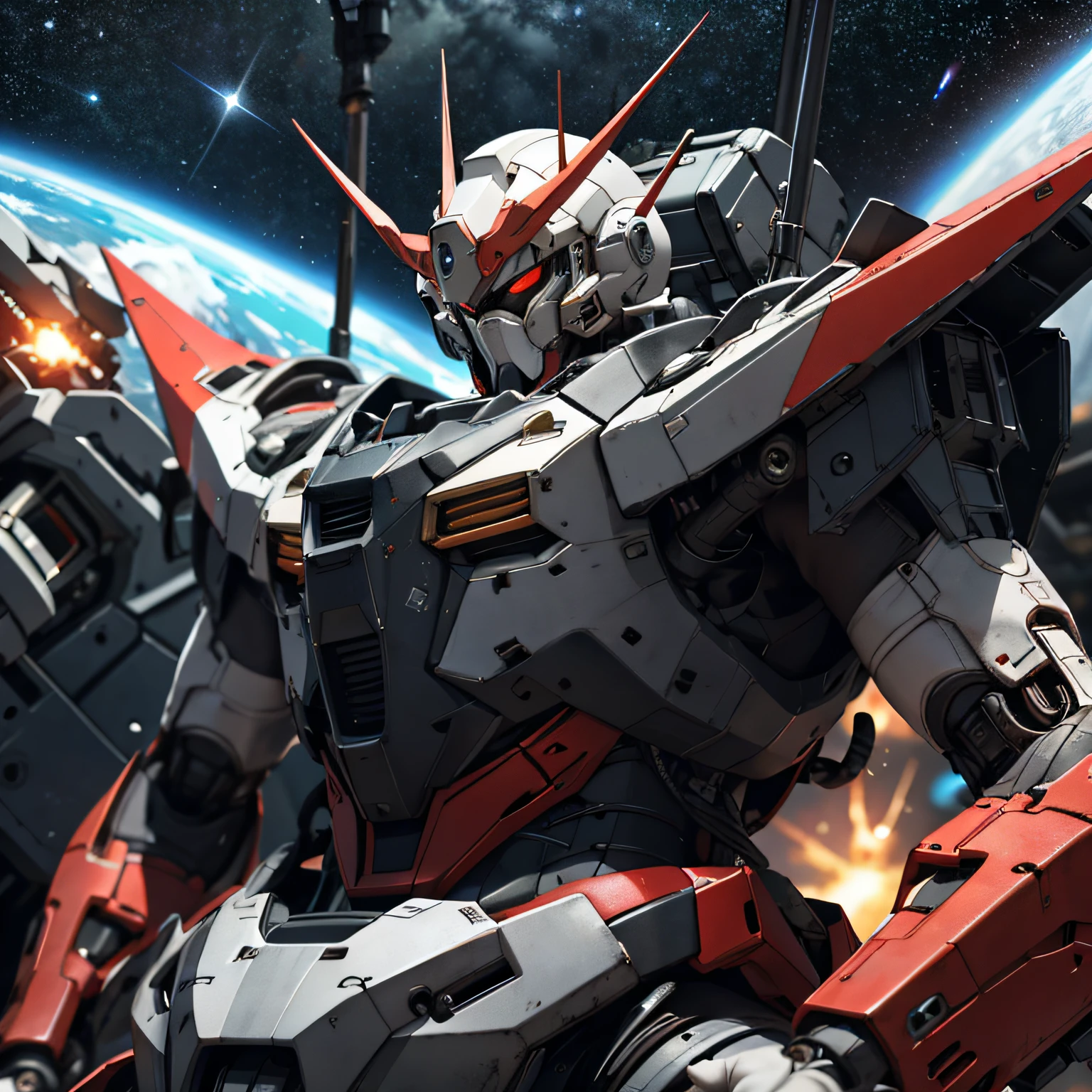 masterpiece、top-quality、hight resolution、cyberpunked、Real with creativity、Gundam with blue and red body、Fly in outer space。Earth with stars on background