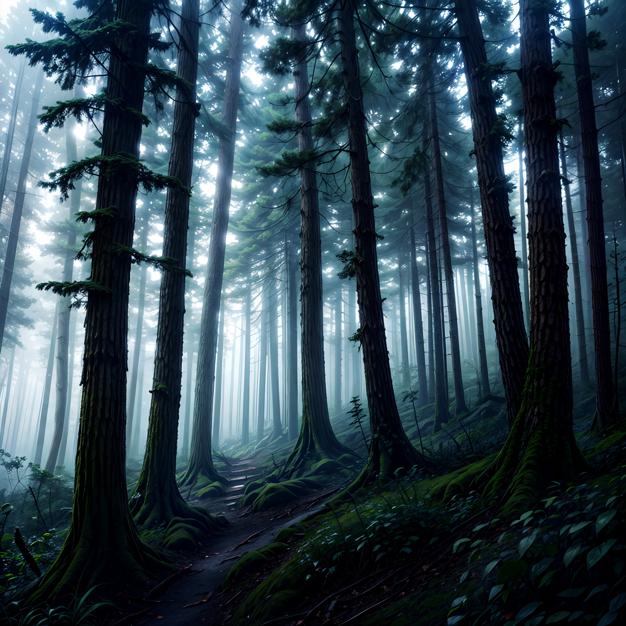 Mist in the Woods, An ancient forest shrouded in mist, old ruins hidden among the trees, a mystical aura