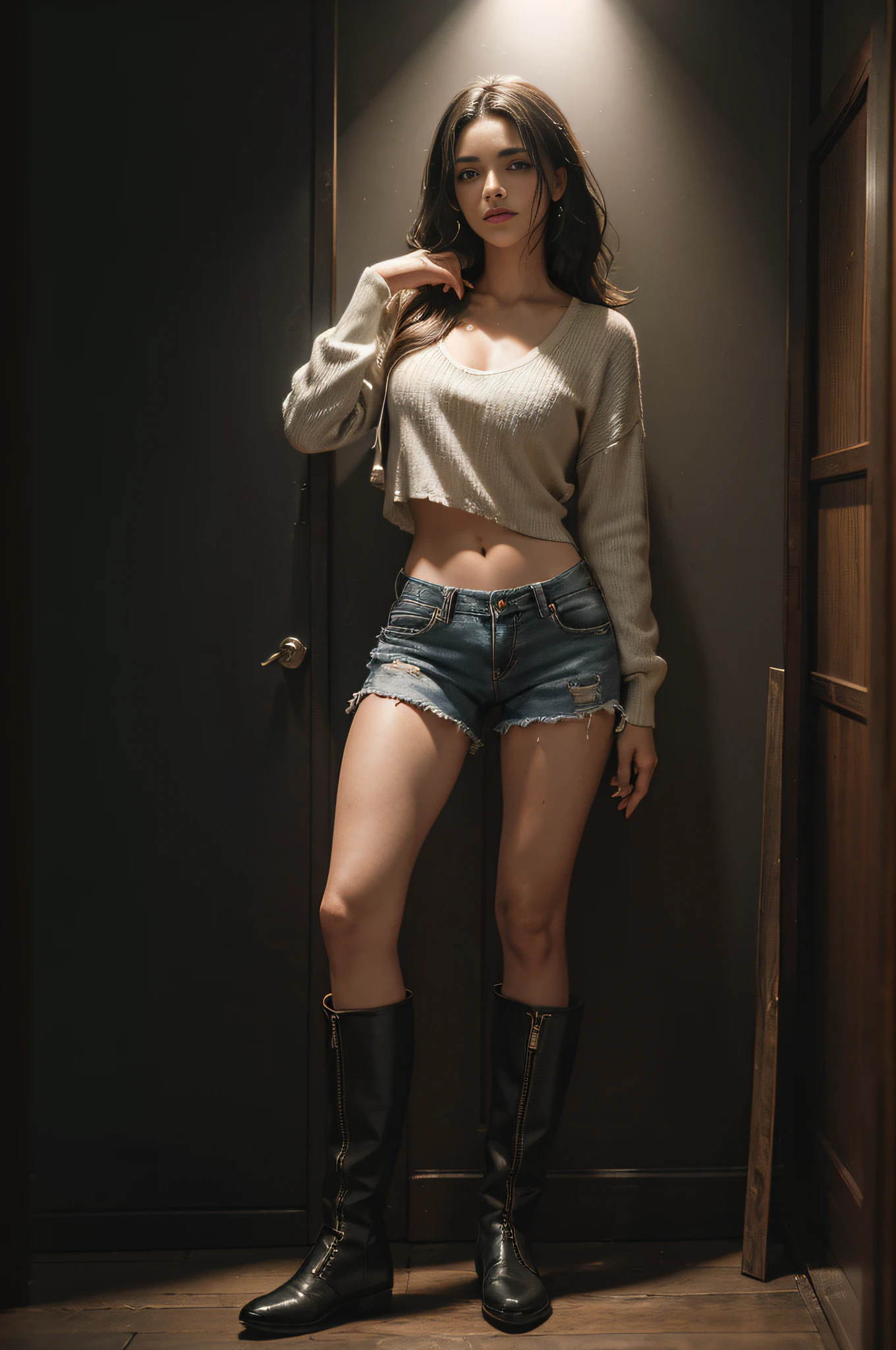 uma mulher brincalhona, cabelo loiro, moletom, shorts de bota, coxas e pernas bonitas, flirting with camera, mancha de pele, textura natural da pele, 24mm, texturas 4k, soft  Cinematic Light, Gloomy Illumination, adobe lightroom, photolab, hdr, intrincado, elegante, altamente detalhado, foco nítido, ((((cinematic look))), tons suaves, detalhes insanos, detalhes intrincados, hiper detalhado, baixo contraste, soft  Cinematic Light, cores escuras, exposure blending,  HDR, desbotado