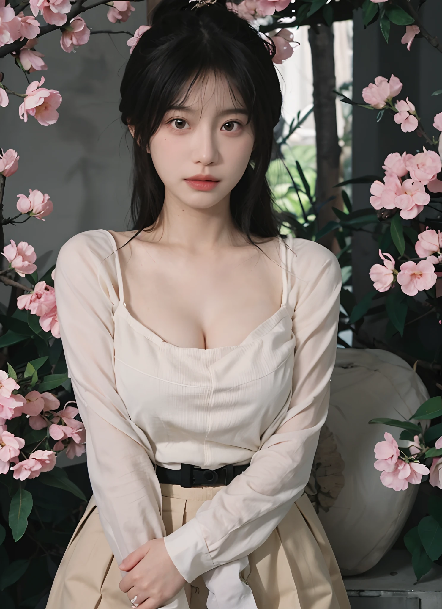 best qualtiy, 超高分辨率, (realisticlying:1.4), one-girl, A pair of clear and moving peach blossom eyes,Royal Sister,Black long straight,Yellow tight skirt, (big cleavage breasts:1.4), looking at viewert, closeup cleavage ,