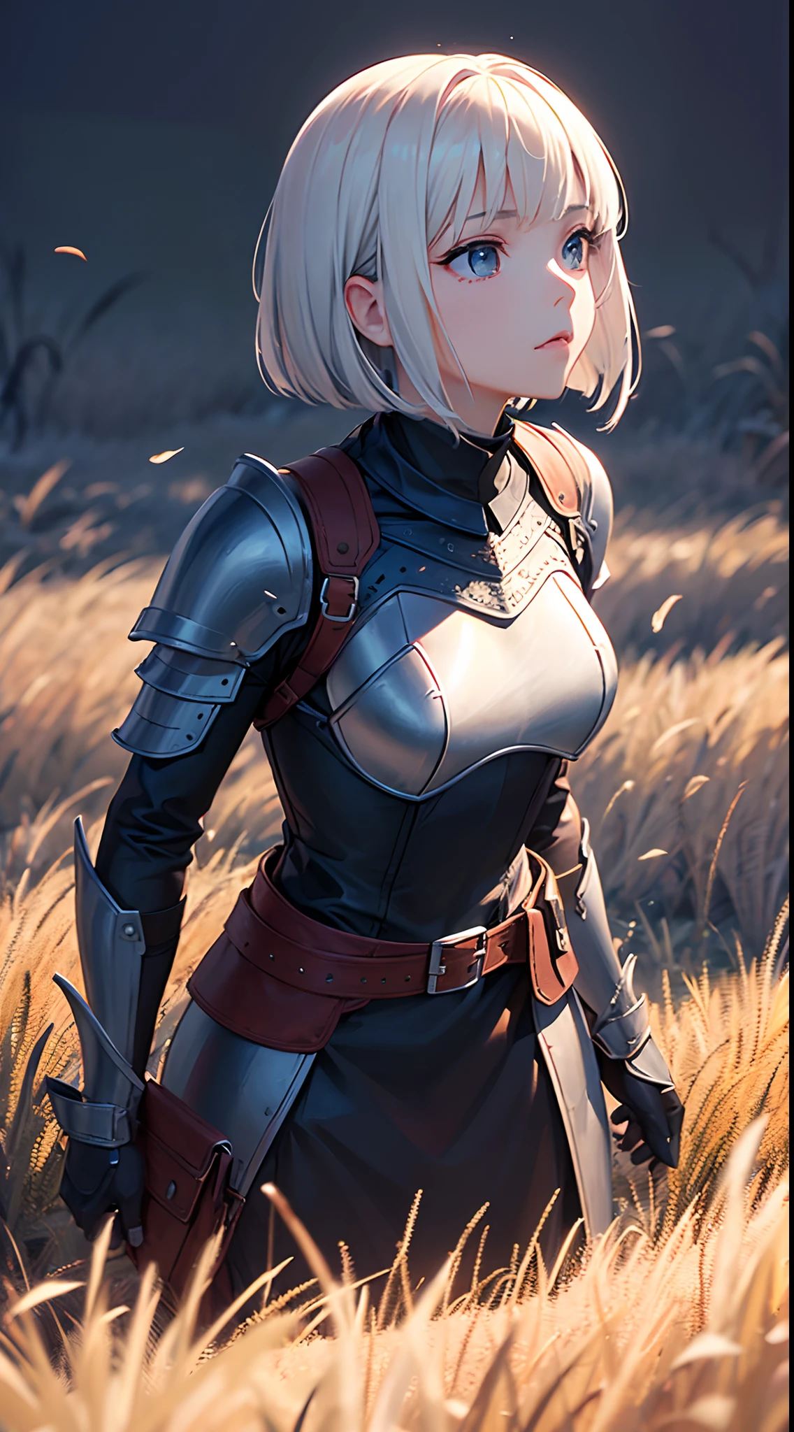 ((Finest quality)),(超A high resolution),(ultra-detailliert),(Meticulous portrayal),((Best Anime)),sharpnes,Clair,Art with astounding depictions:1.6,longshot:1.3, Meadow on a moonlit night:1.6, (1 female hunter:1.3,Look up:1.3),(silber hair,Short Bob:1.3),Leather armor:1.2