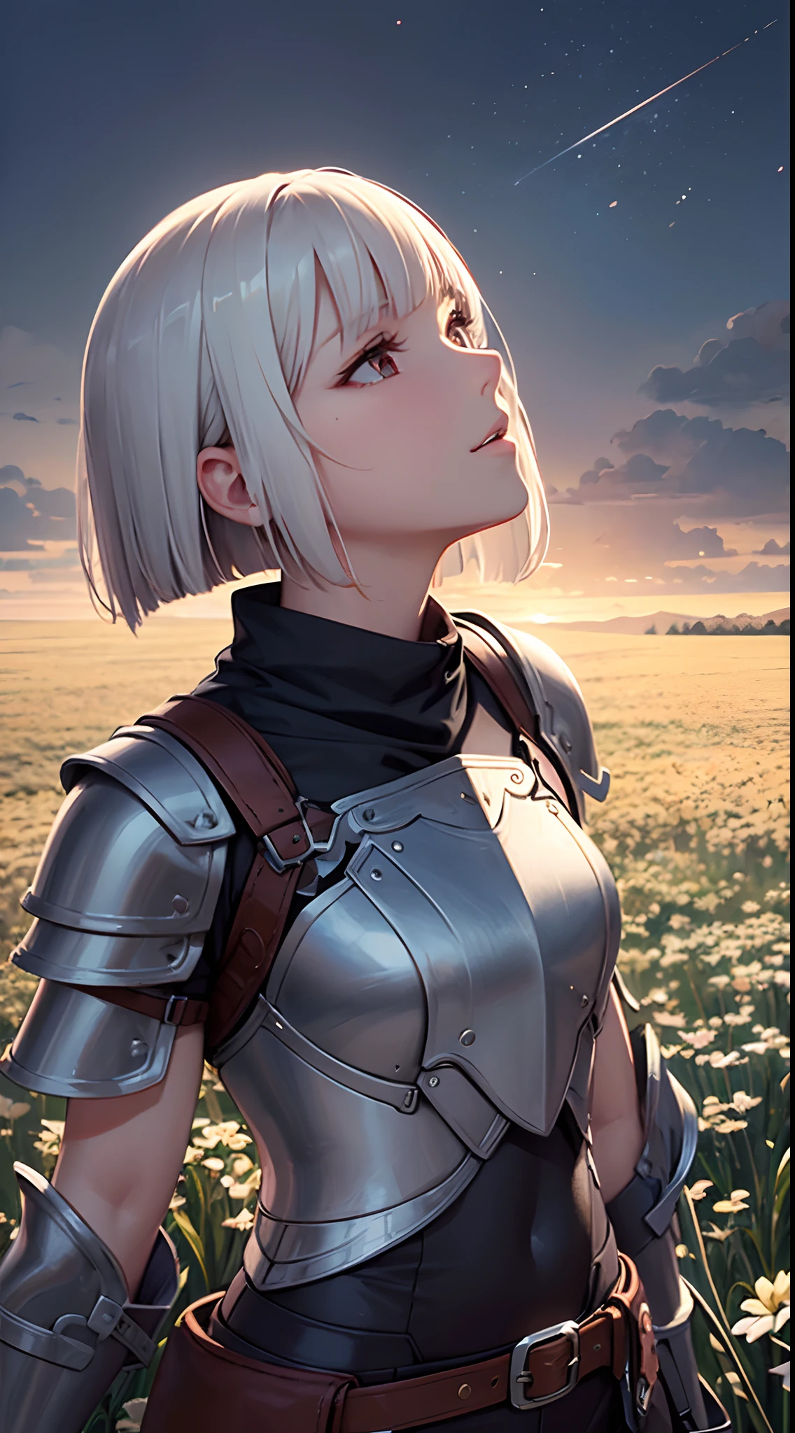 ((Finest quality)),(超A high resolution),(ultra-detailliert),(Meticulous portrayal),((Best Anime)),sharpnes,Clair,Art with astounding depictions:1.6,longshot:1.3, Meadow on a moonlit night:1.6, (1 female hunter:1.3,Look up:1.3),(silber hair,Short Bob:1.3),Leather armor:1.2
