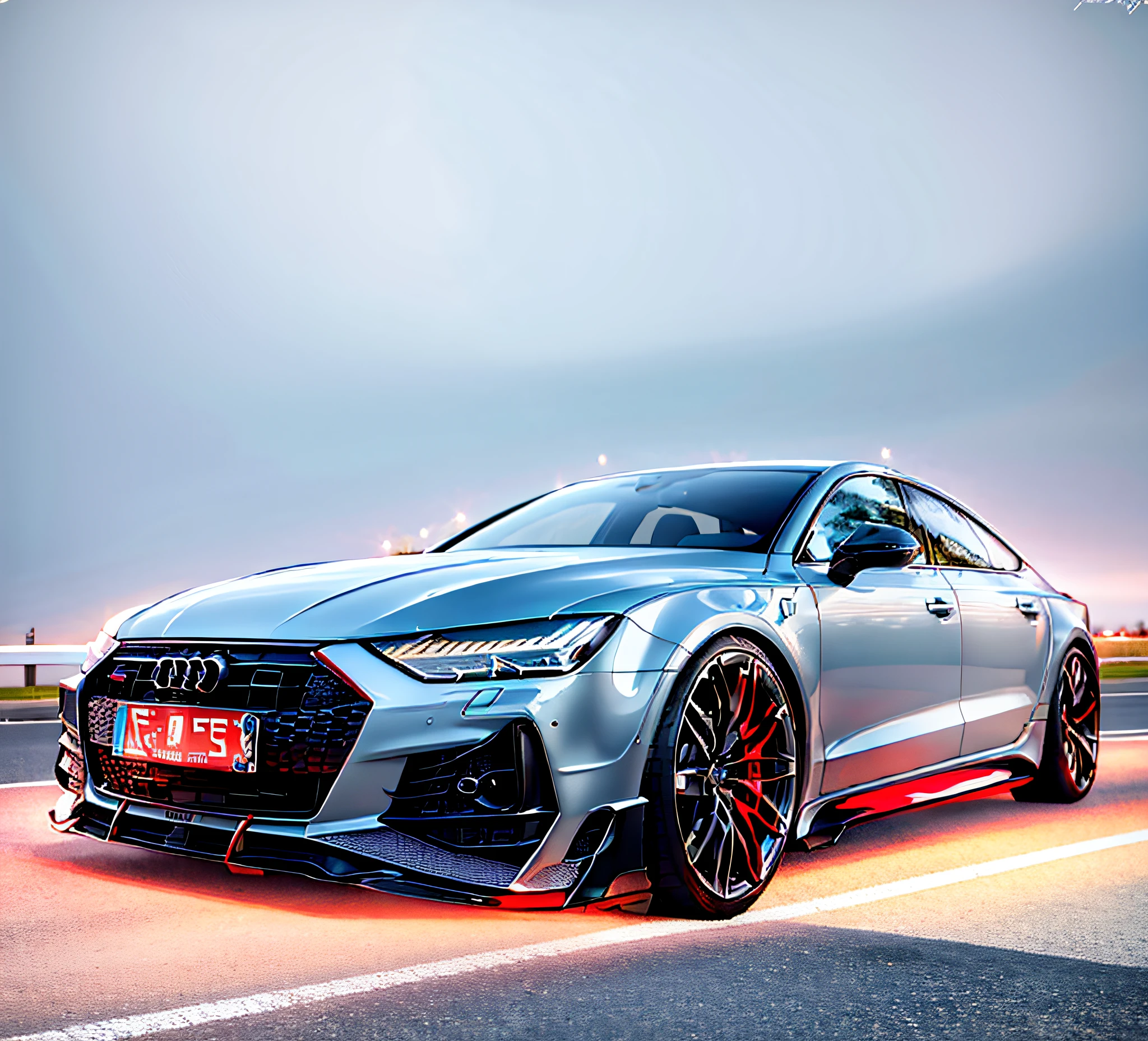 Close-up of the new Audi rs7 silver car with red rims on a white background, Wide body, s line, front angle, carbon, octa 8k, front of car angle, full face view, front profile shot, facing front, full device, front profile, on clear background, flex, full view of a car, frontage, Supergianthugebreasts