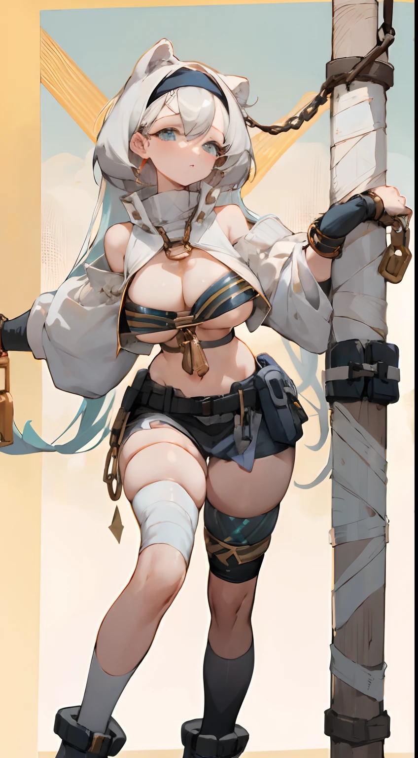 Bigboobs，cropped shoulders，knee length socks，Stand up，egyption，Exotic clothing，Bandages，Bind with a bandage，shackle，srestrained