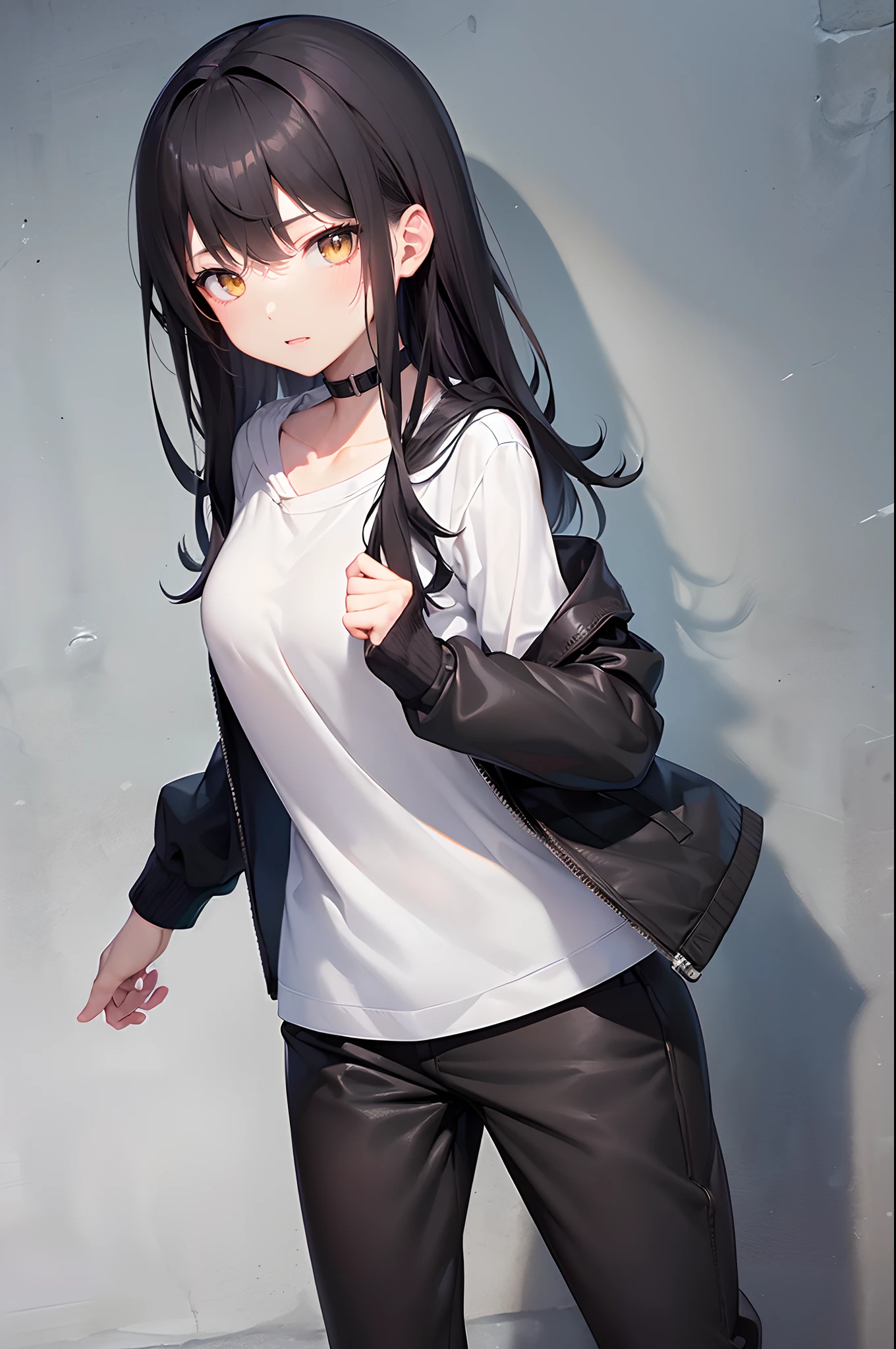 (4K works))、​masterpiece、(top-quality)、In front of the wall、Korean female、hi-school girl、((High school girl 18 years old))、((Face similar to Hyun Jin))、cool lady、tall、((Glaring expression))、((Sleepy face))、((Strong eyes))、((Wearing a white T-shirt and a black hooded jacket、Wearing long black pants))、((Wear a black mask))、((smaller face))、Slim body、((How to stand selling fights))、((Cheeky way of standing))、((Bad girl))、((Black long-haired))、((Yellow eyes))、((shot from front))、((Looking down on the viewer))、((rearing))、((Shot alone))、((Solo Photography))