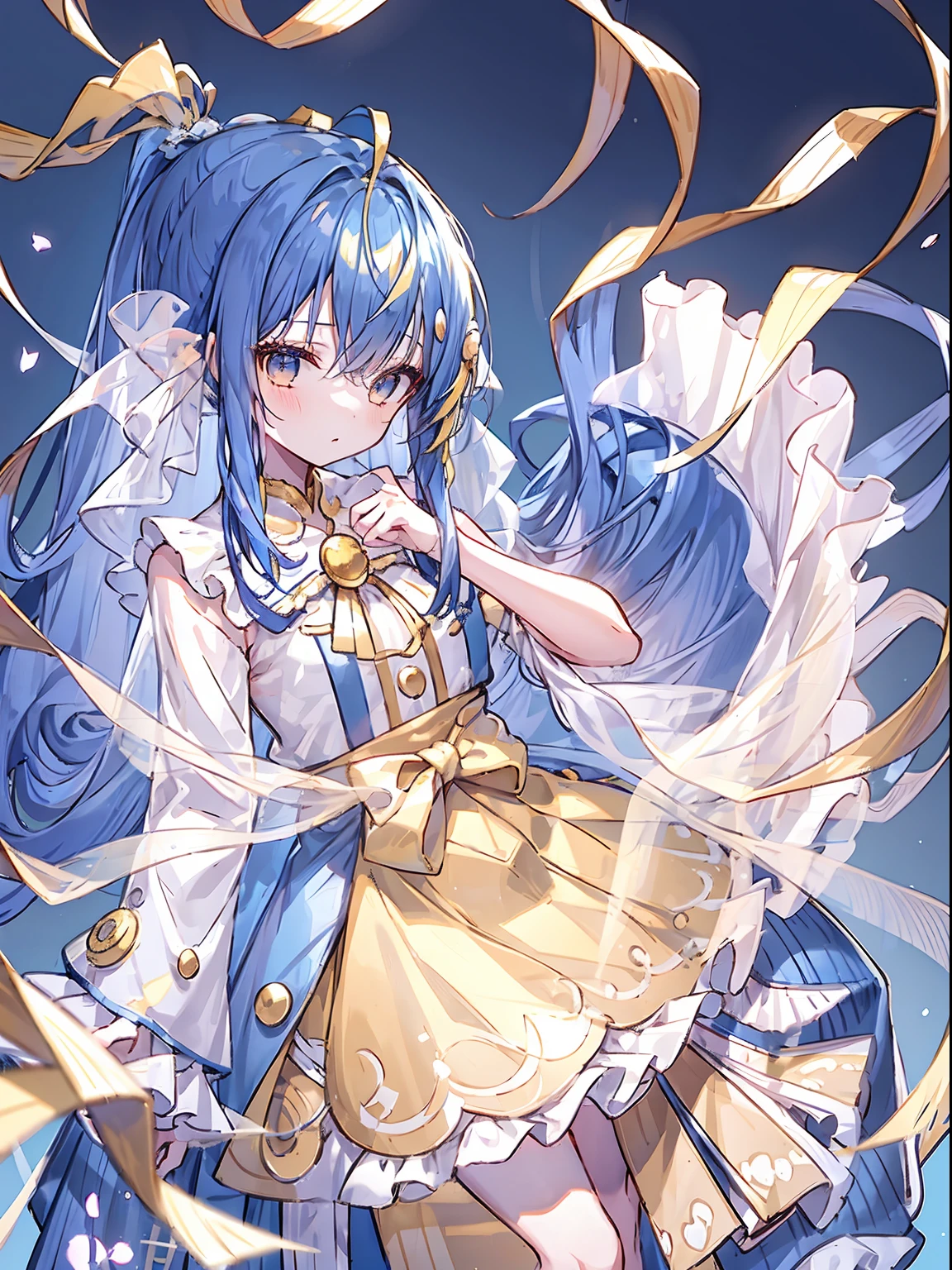 1 girl，li，long whitr hair，Single-sided weaving，(Yellow flower headdress:0.3)，Nice dress，，dark-blue hair，long whitr hair，There are extra braids on the head，Normal long hair and ponytail on one side of the head，extra ponytail，Bangs have some blonde hair，A few golden bangs