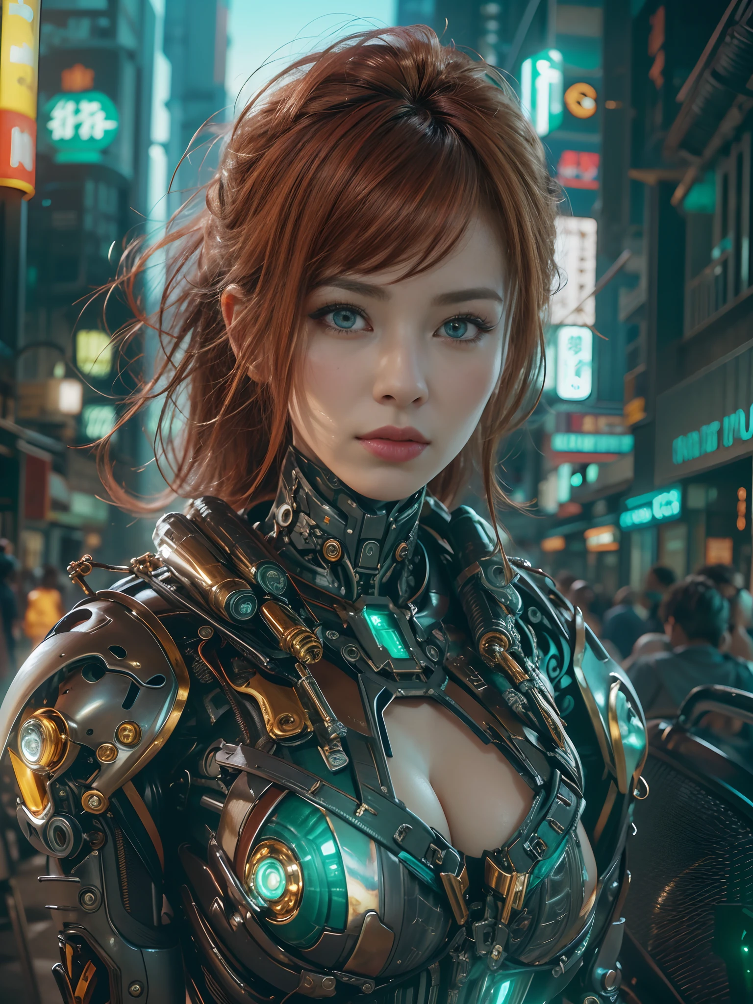 8k, top-quality, （pubic hair beauty）、hight resolution, 逼真, realperson、((​masterpiece)), ((top-quality)), (The ultra-detailliert), ((highly contrast)), (a high chroma), (Beautiful emerald green eyes), ((extremely delicate and beautiful)), (nice hand), ((perfect hand)), (Mechanical cyber city in the background), futuristic cities, 夏天, plein air, Girl on a motorcycle, Medium hair, red hairs, asymmetrical bangs, beautiful detailed Glass hair, blue eyess, tiny chest, mechanical suit, ((shiny body)), (very shiny body), Clear, jewely、ornament detached、a gorgeous、opulent、magnifica、Illumination scattered throughout the body、Illumination brilliance、Roberto、cyborgs、android、body suit、((huge tit、Chest valley、beauty legs))