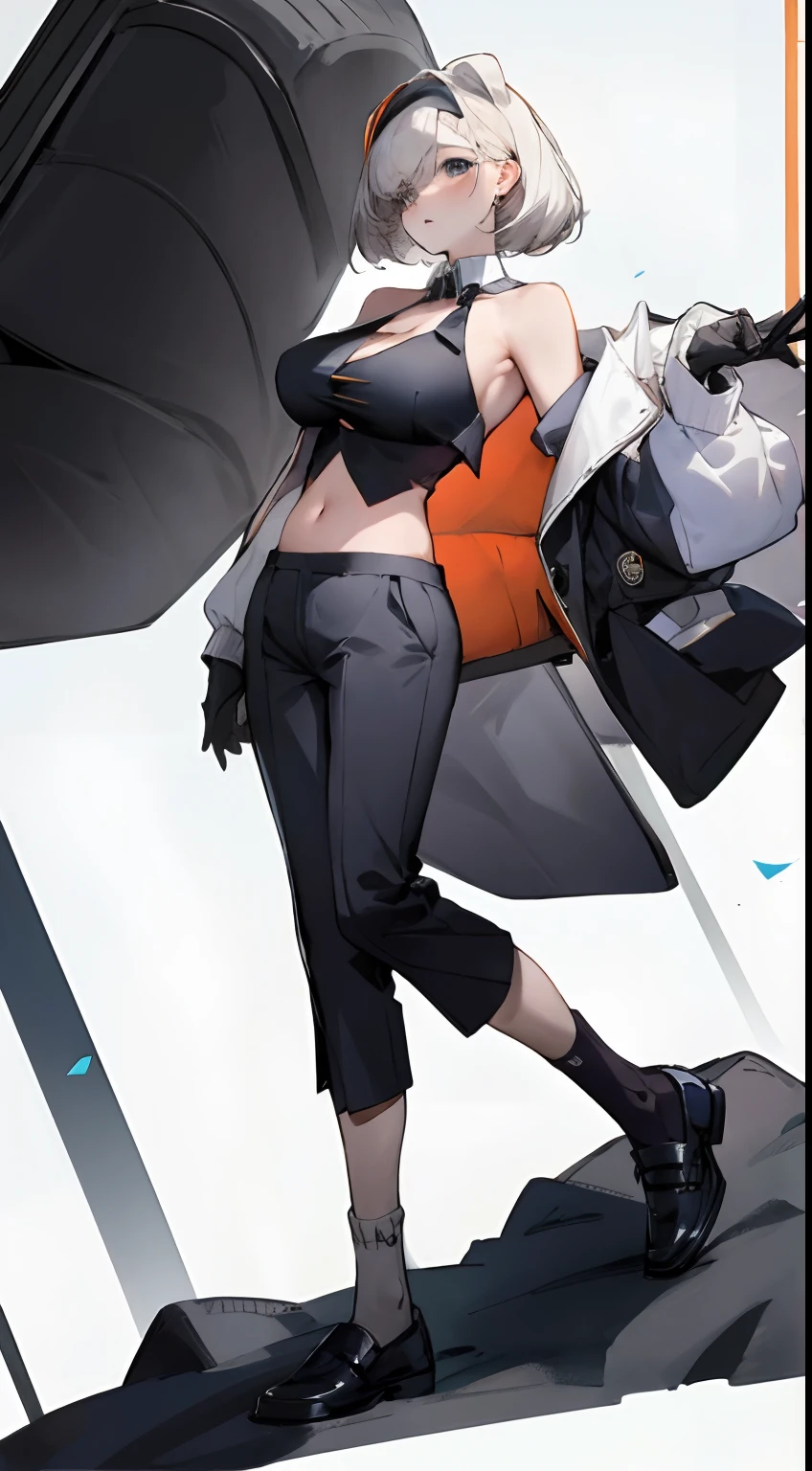 Bigboobs,cropped shoulders,knee length socks,Business suits,Suits,formal suits,business shoes,Stand up