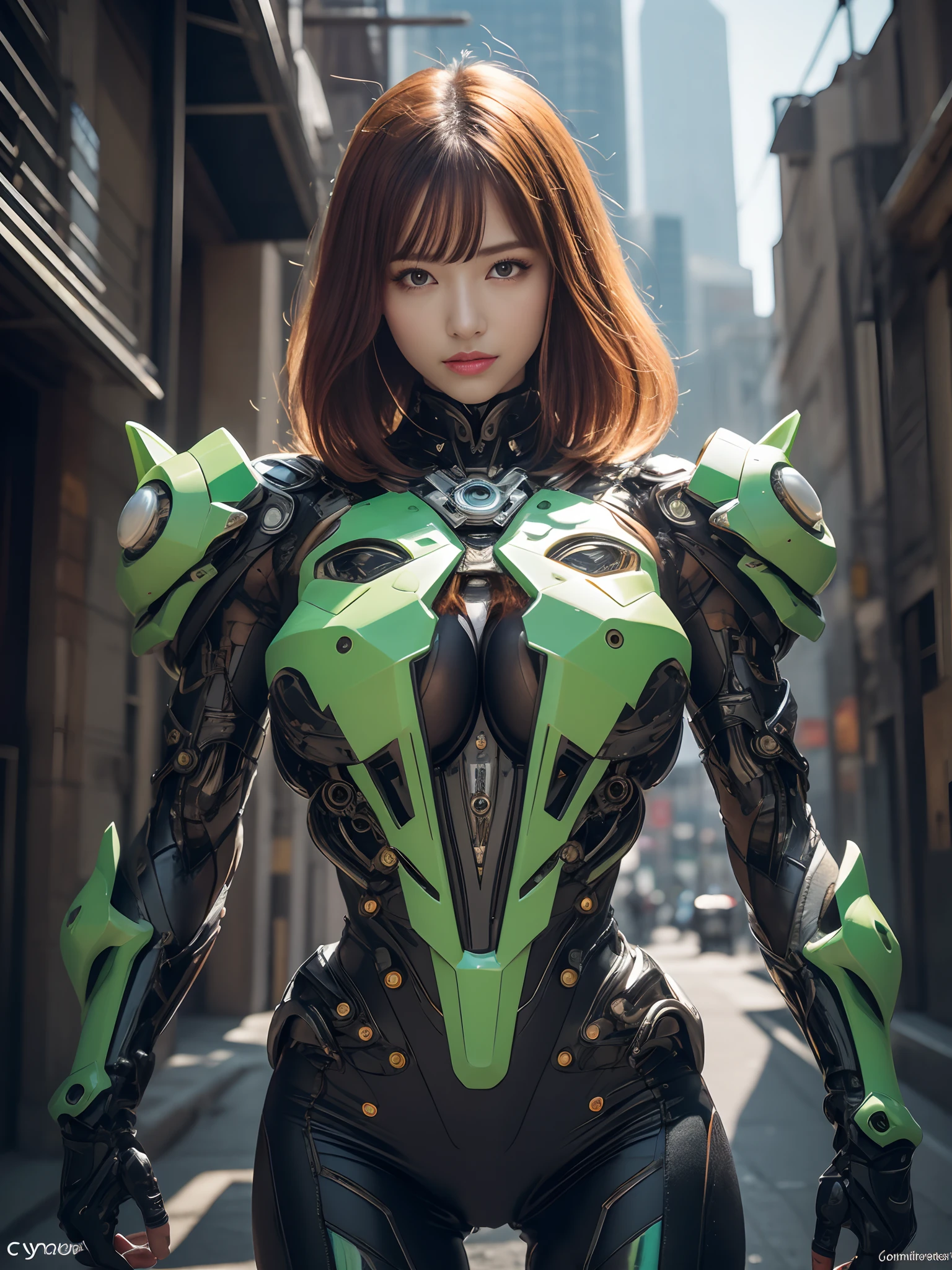 8k, top-quality, (pubic hair beauty)、hight resolution, 逼真, realperson、((masterpiece)), ((top-quality)), (The ultra-detailliert), ((highly contrast)), (a high chroma), (Beautiful emerald green eyes), ((extremely delicate and beautiful)), (nice hand), ((perfect hand)), (Mechanical cyber city in the background), futuristic cities, 夏天, plein air, Girl on a motorcycle, Medium hair, red hairs, asymmetrical bangs, beautiful detailed Glass hair, blue eyess, tiny chest, mechanical suit, ((shiny body)), (very shiny body), Clear, jewely、ornament detached、a gorgeous、opulent、magnifica、Illumination scattered throughout the body、Illumination brilliance、Roberto、cyborgs、android、body suit、((huge tit、Chest valley、beauty legs))